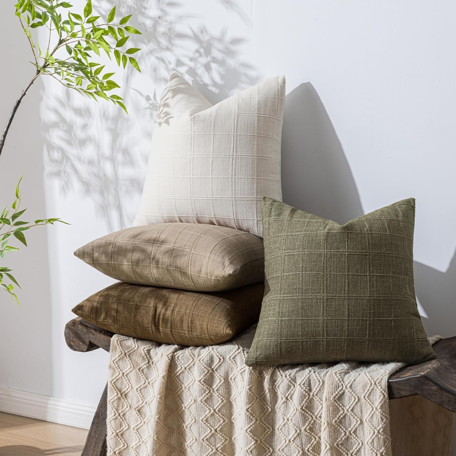 Linen Throw Pillow Covers 20X20 Inch Set of 2, Olive Green Moss Green Vintage Plaid, Neutral Rustic Boho Farmhouse Decor for Couch Bedroom Living Room, Christmas & Modern Style image number 5