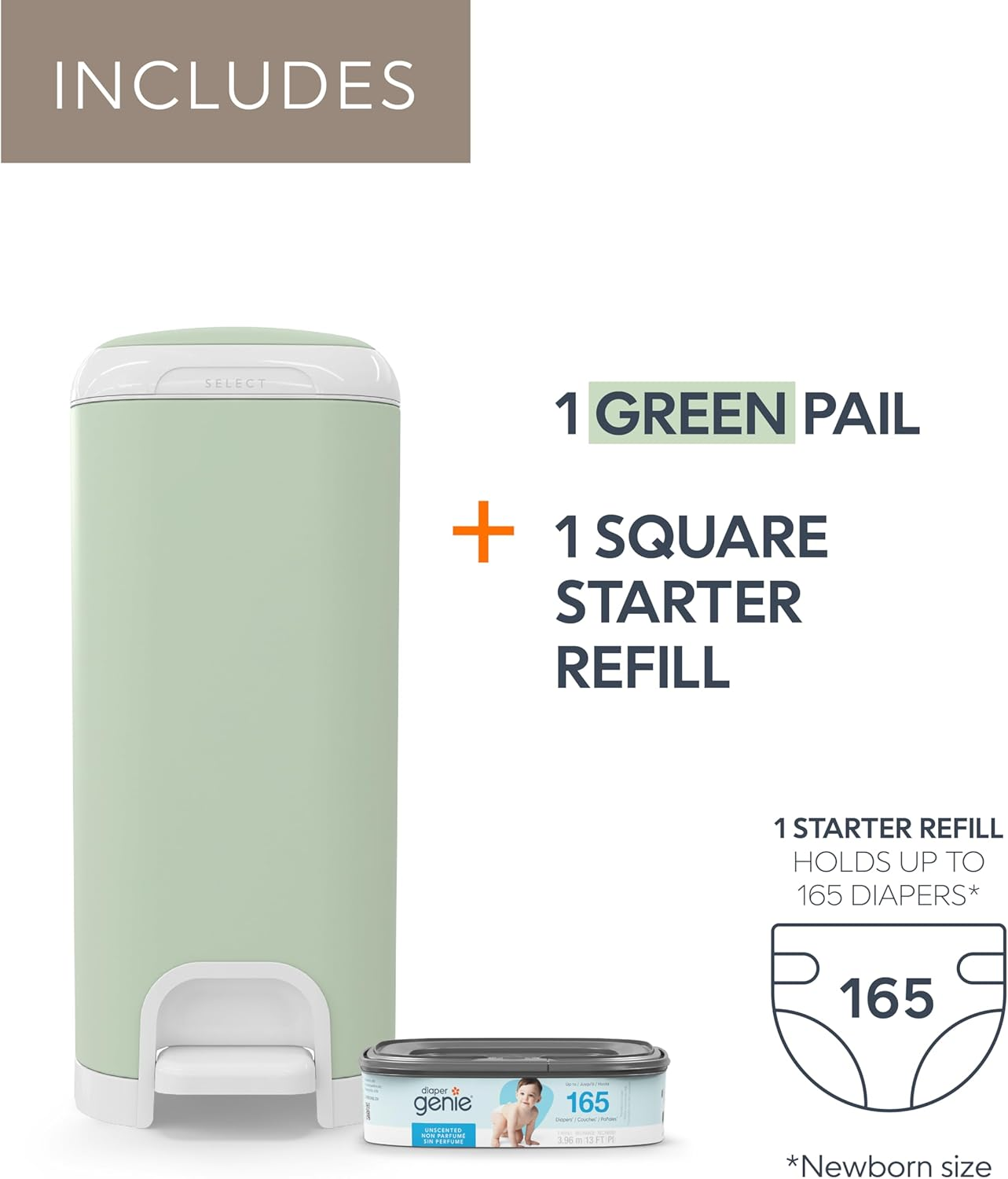 Diaper Genie Select Pail (Green) Is Made of Durable Stainless Steel and Includes 1 Starter Square Refill That Can Hold up to 165 Newborn-Sized Diapers. image number 4