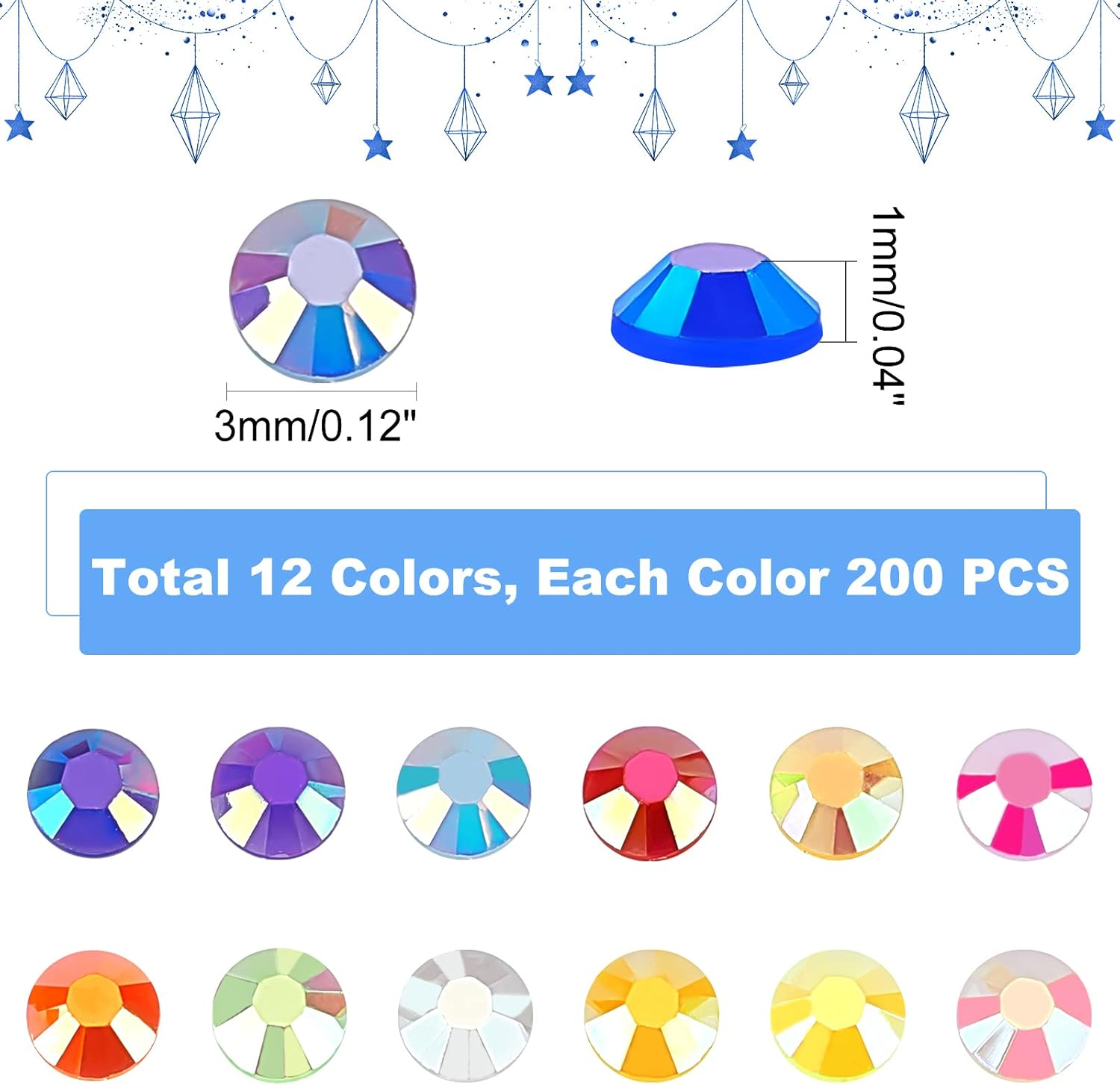 Pandahall 2400Pcs Flatback Crystal Rhinestones, 12 Color Bulk Jelly Rhinestones Bling Nail Crystals AB Color Rainbow Gems for Tumblers Clothes Shoes Makeup Nail Arts DIY Crafts, 3Mm/0.12 Inch image number 3