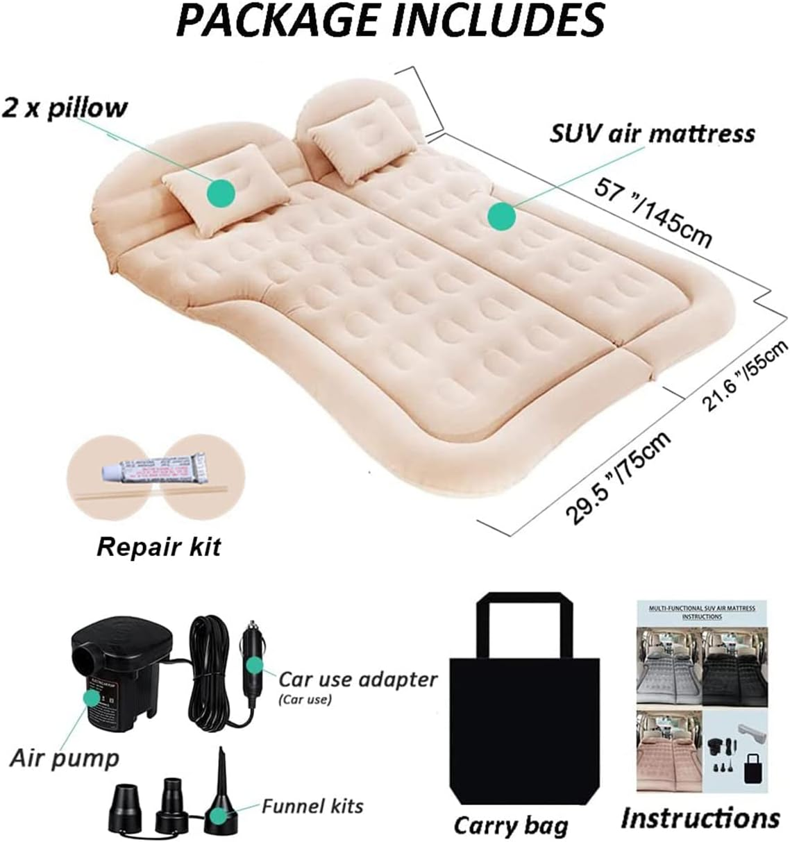 SUV Air Mattress Camping Bed Cushion Pillow - Inflatable Thickened Car Air Bed with Electric Air Pump Flocking Surface Portable Sleeping Pad for Travel Camping Upgraded Version image number 4