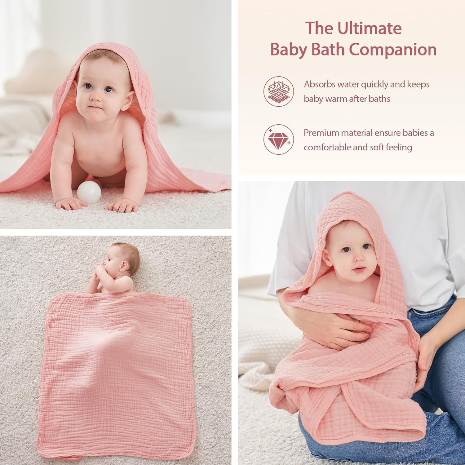 Hooded Baby Towels for Newborn - 2 Pack, 100% Muslin Cotton Baby Bath Towels with Hood, Soft and Absorbent for Girls Infant, Toddler and Kids, Large 35X35 Inches, Newborn Essential image number 1