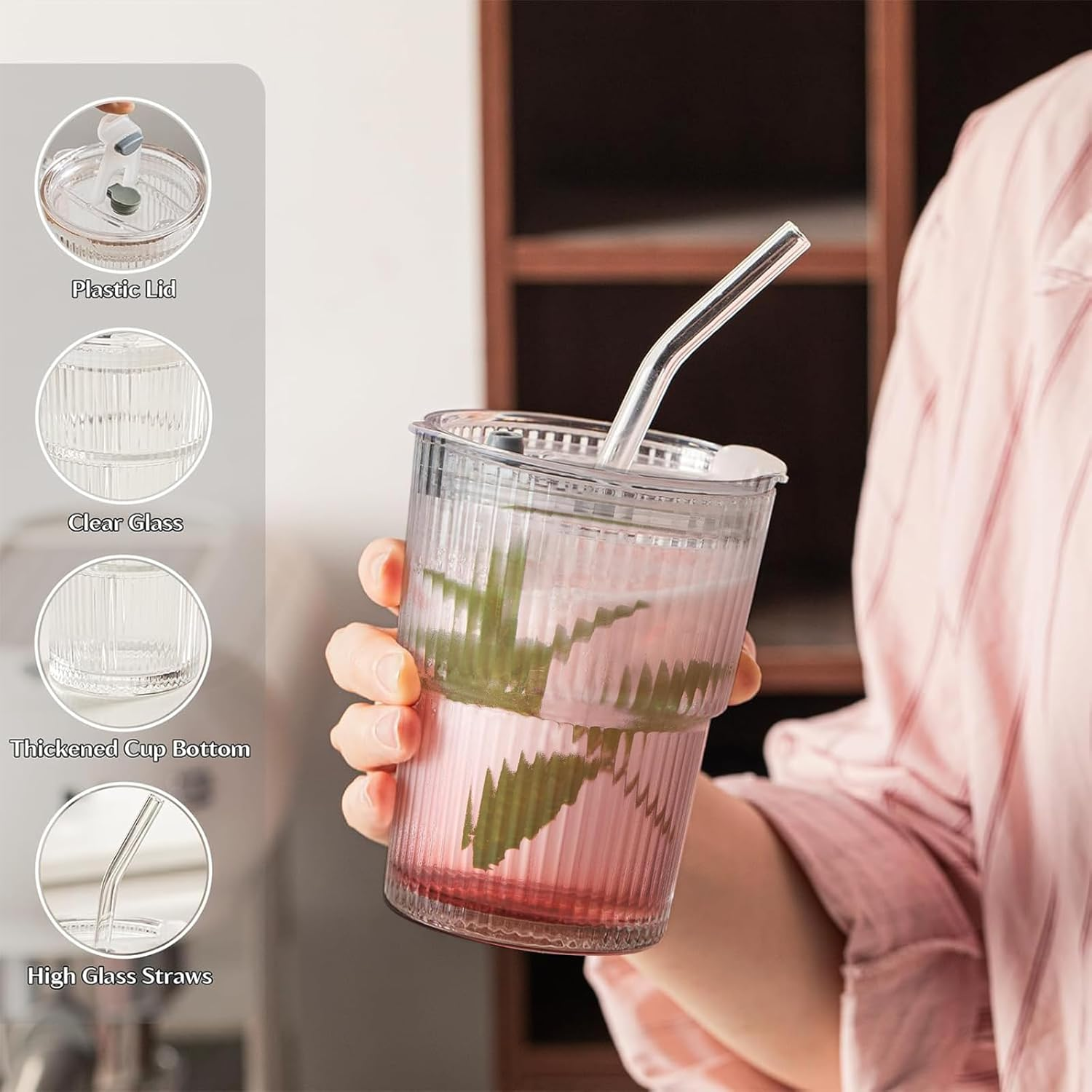 VITEVER 2-Pack 380Ml Glass Cups with Lids and Straws, Iced Coffee Cup with Straw, Airtight Waterproof Design Coffee Travel Mug, Smoothie Cups image number 3