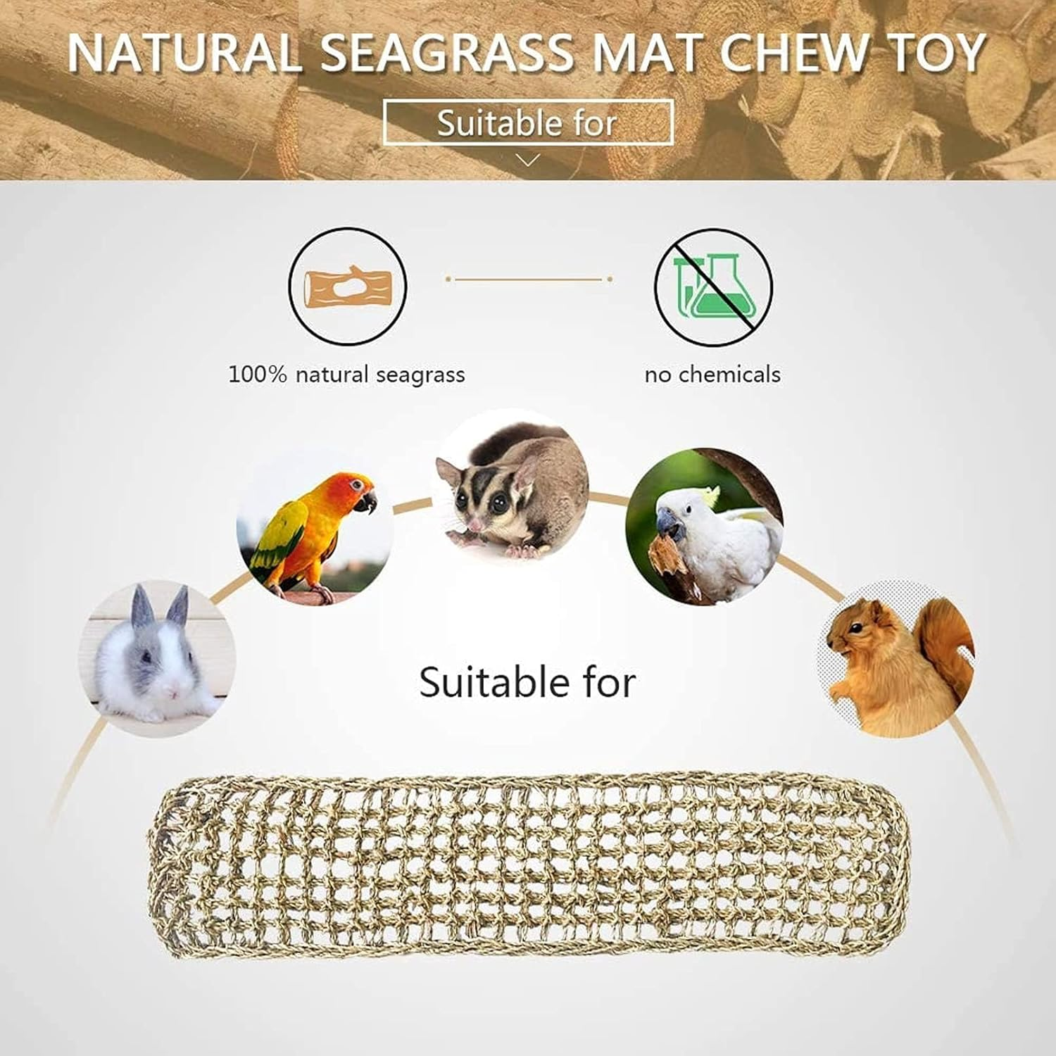 Bird Seagrass Mat,Natural Grass Woven Net Hammock Parakeet Chew Toys Trimming Cage Accessories Climbing Rope Ladder with Hooks Lovebird Cockatiel Conure Budgie,Size 28.3" X 6.7" image number 2