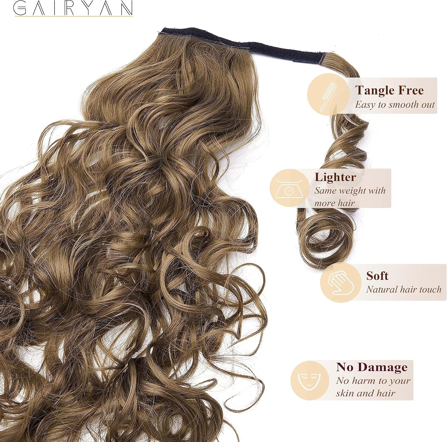 Gairyan Clip in Ponytail Extensions 24 Inch Golden Brown Hair Extension Long Curly Wave Ponytail Wrap around Pony Tails Synthetic Hairpiece for Women Natural Looking image number 2