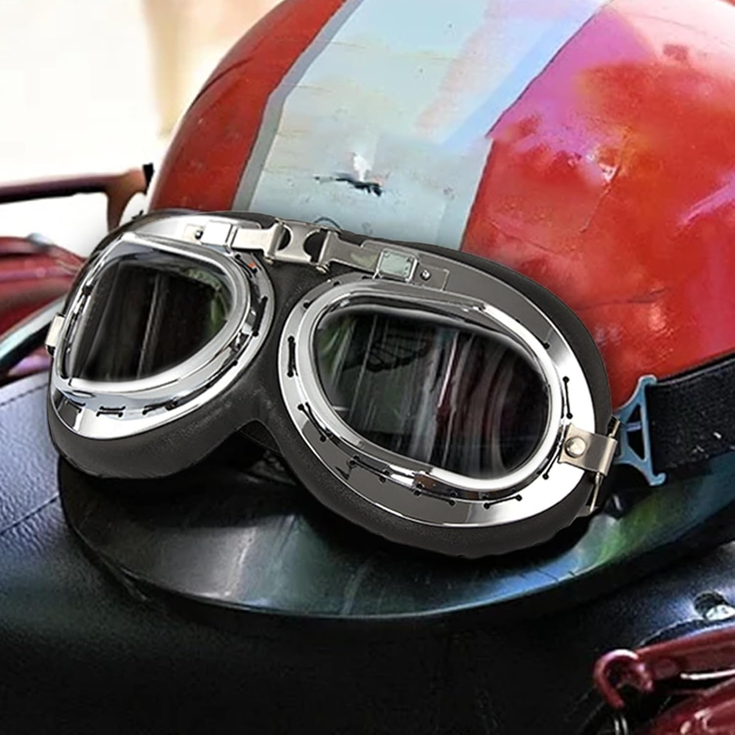 Atv Goggles, Vintage Motorcycle Riding Glasses for Pilot, Outdoor Eyewear with Adjustable Straps, Dustproof Motorcycle Goggles over Glasses for Motorcycle - Silver image number 7