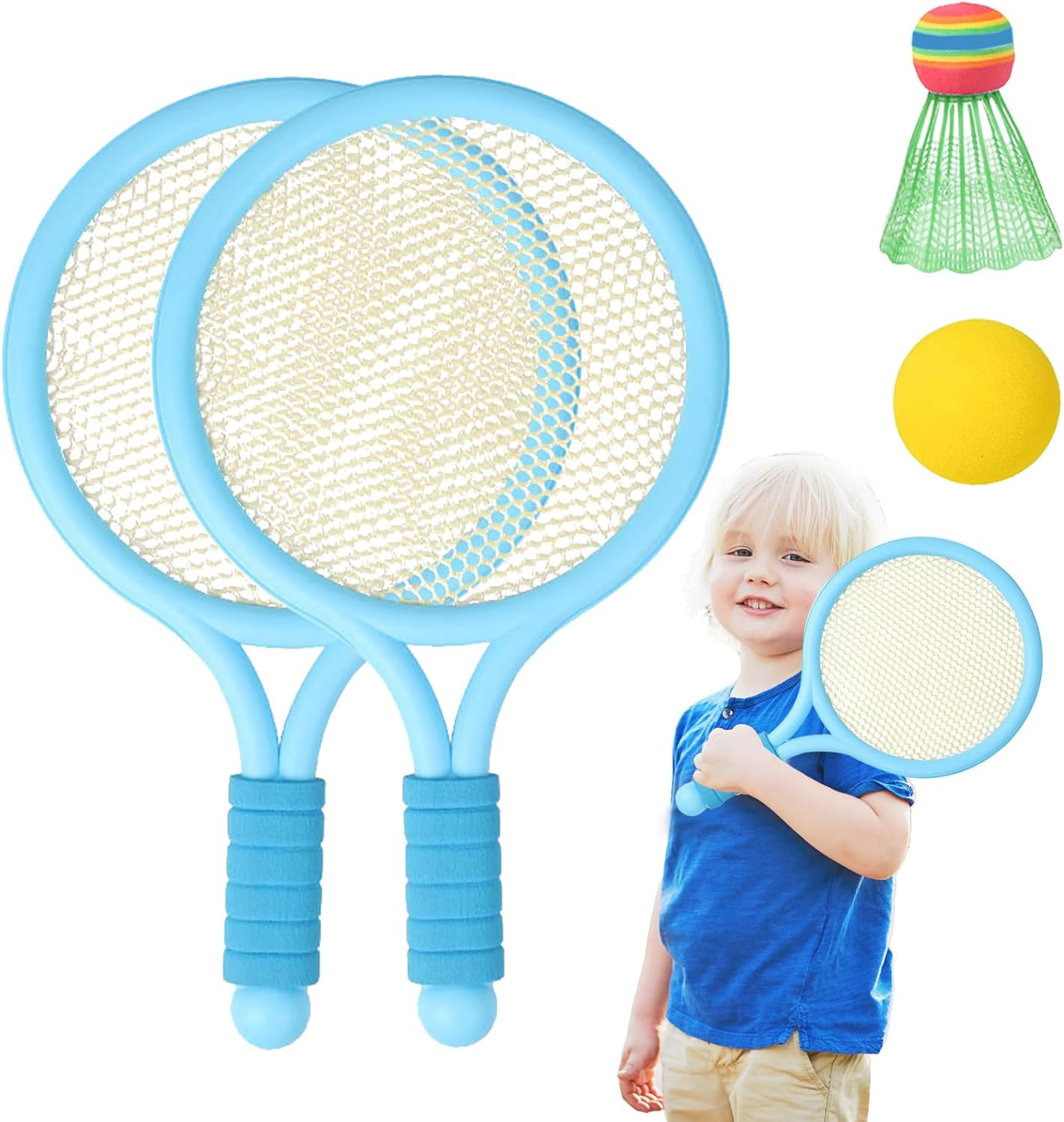 Kids Tennis Racket Set with Ball,16 Inch Plastic Tennis Racket with 4 Tennis Balls and 4 Shuttlecocks for Kid, Beach Kindergarten Baby Parent Child Interactive Toys, Outdoor/Indoor Sport Play(Blue) image number 1