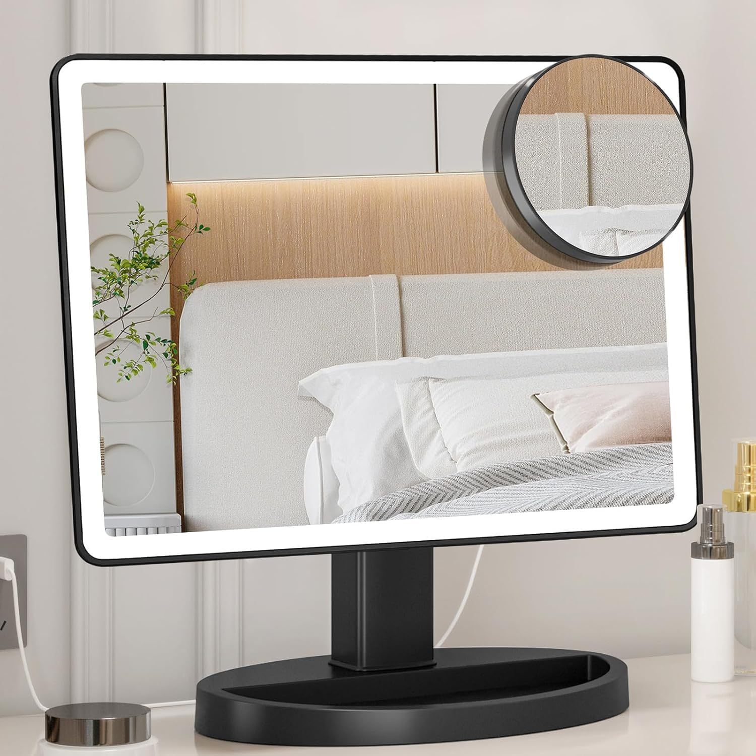 FUNTOUCH Large Lighted Vanity Makeup Mirror (X-Large Model), Light up Mirror with 35 LED Lights, Touch Screen and 10X Magnification Mirror, 360&deg; Rotation Tabletop Cosmetic Mirror (Black)