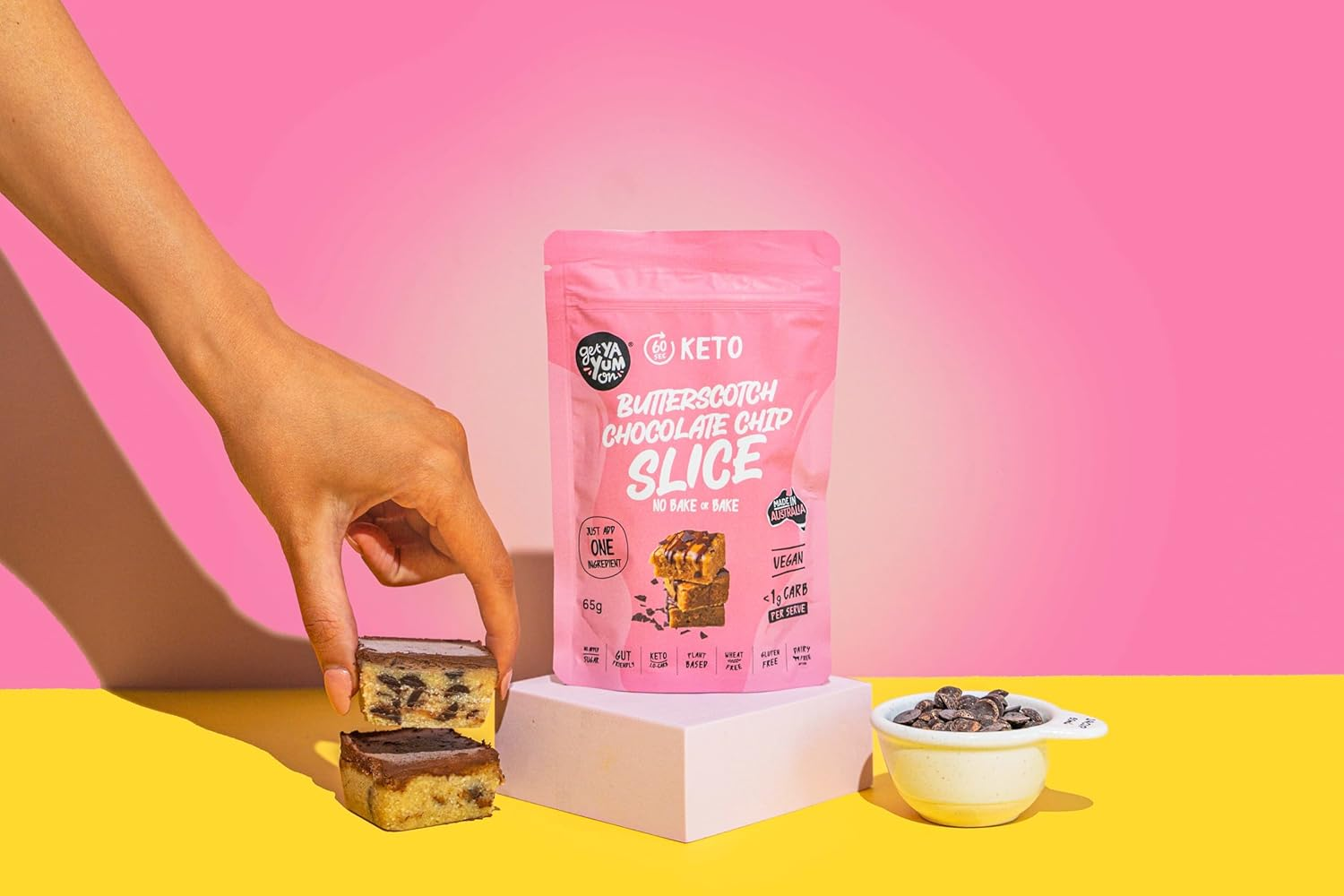Get Ya Yum on 60 Second Butterscotch Chocolate Chip Slice (NO BAKE or BAKE) 325G VALUE PACK: SUGAR FREE, LOW CARB (KETO FRIENDLY) GLUTEN FREE, VEGAN FRIENDLY, PLANT BASED