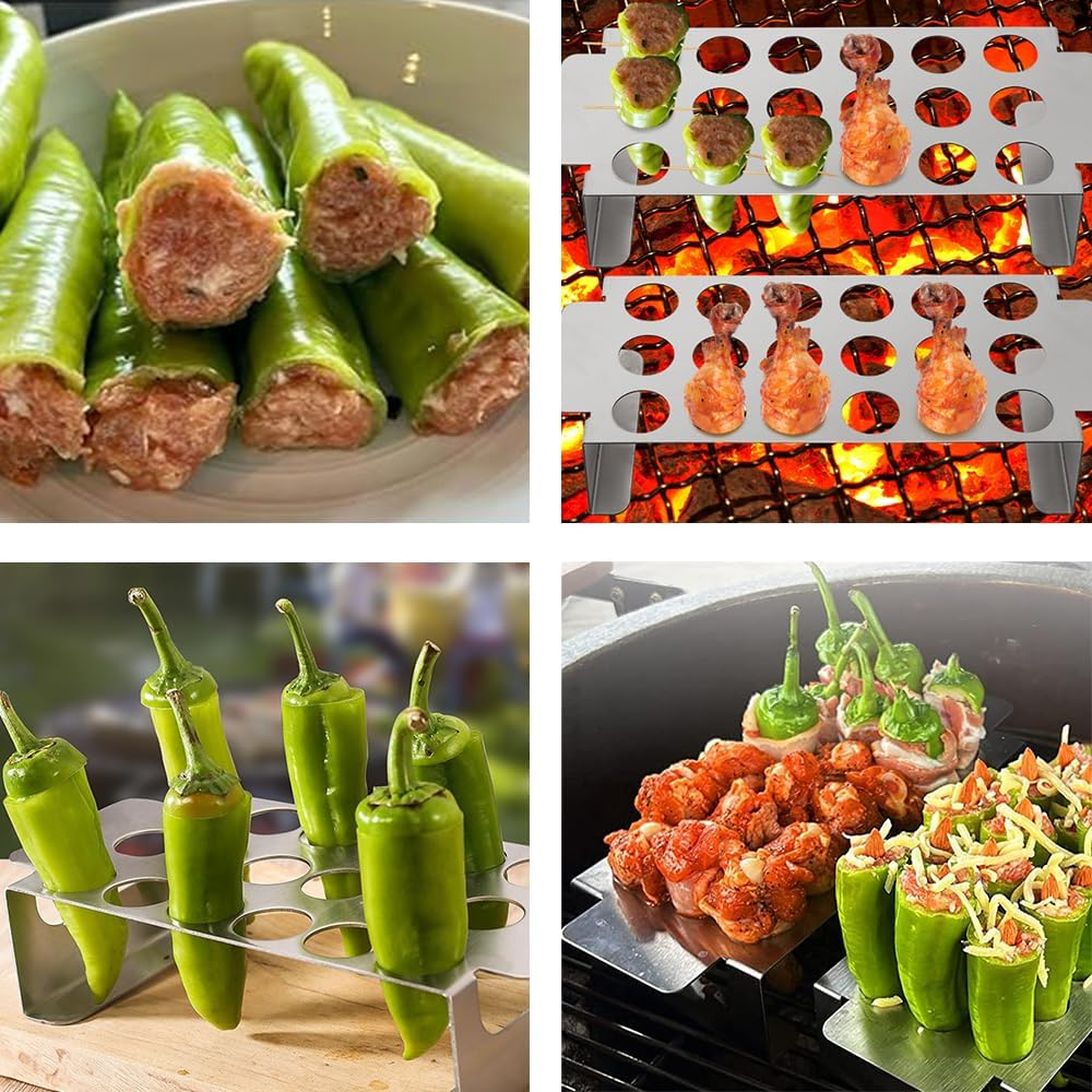 2 Pcs Stainless Steel Chili Grills with 2 Jalapeno Corer Tools, Outdoor BBQ Non-Stick Grills, Jalapeno Popper Holder for Grills, Perfect for Cooking Chili, Chicken Legs, 18 Funnel Holes Grill Tools image number 2