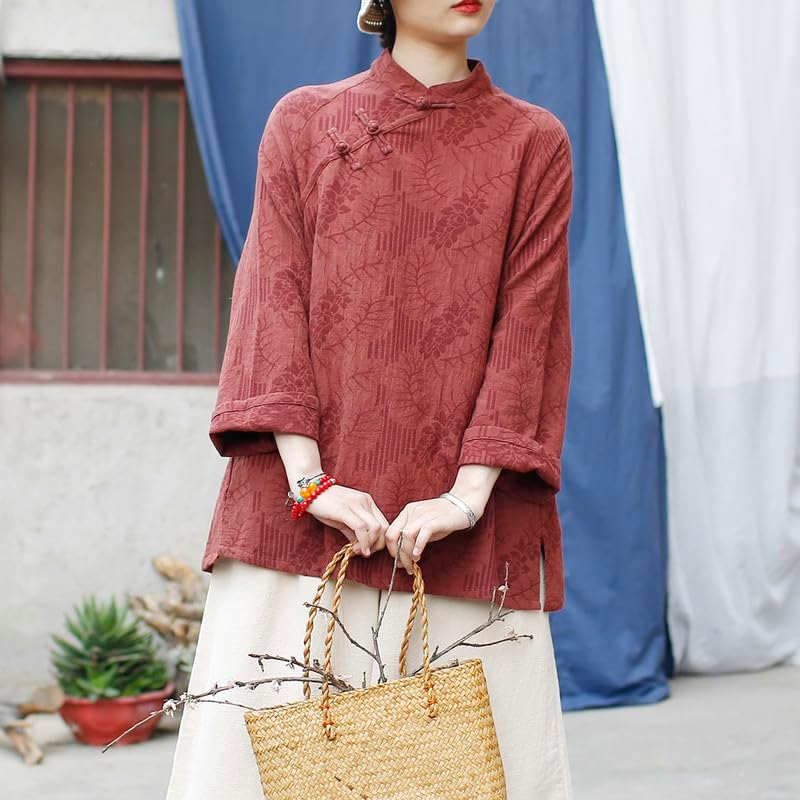 Autumn Chinese Style Blouse Traditional Top Linen Cotton Boho Elegant Women'S Shirt Coffee image number 1