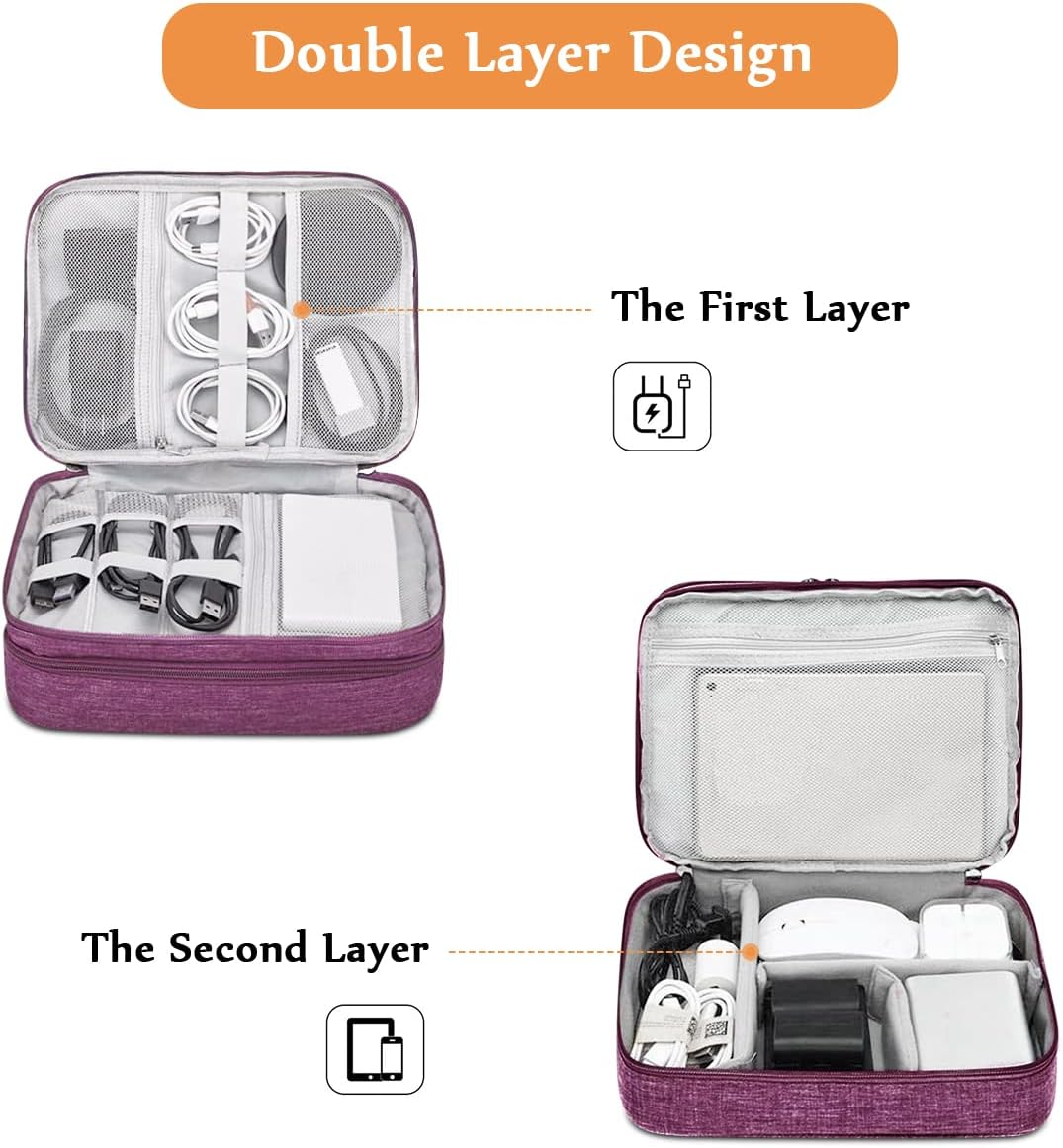 FORRICA Cable Bag Cable Organiser Bag Travel Case Electronic Accessories Bag 2 Layers Multiple Pockets for Mobile Phone Charging Power Bank USB Sticks SD Cards Purple image number 5