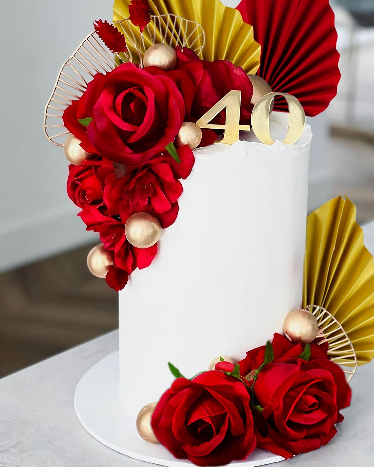 Jevenis Red Rose Cake Decoration Queen Lady in Red Cake Topper Gold Leaves Cake Decoration for Wedding Birthday Bridal Shower Engagement Baby Shower image number 4