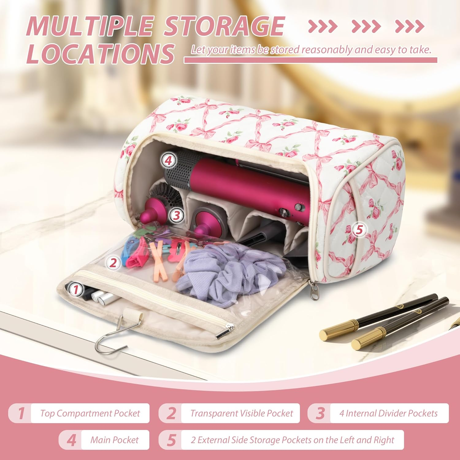 Linpr Travel Case Compatible with Dyson Airwrap & Shark Flex Style, Quilted Travel Hair Dryer Bag with Hook, Portable Hair Tool Organizer for Curling Iron & Accessories, Rose Pink, Modern image number 6