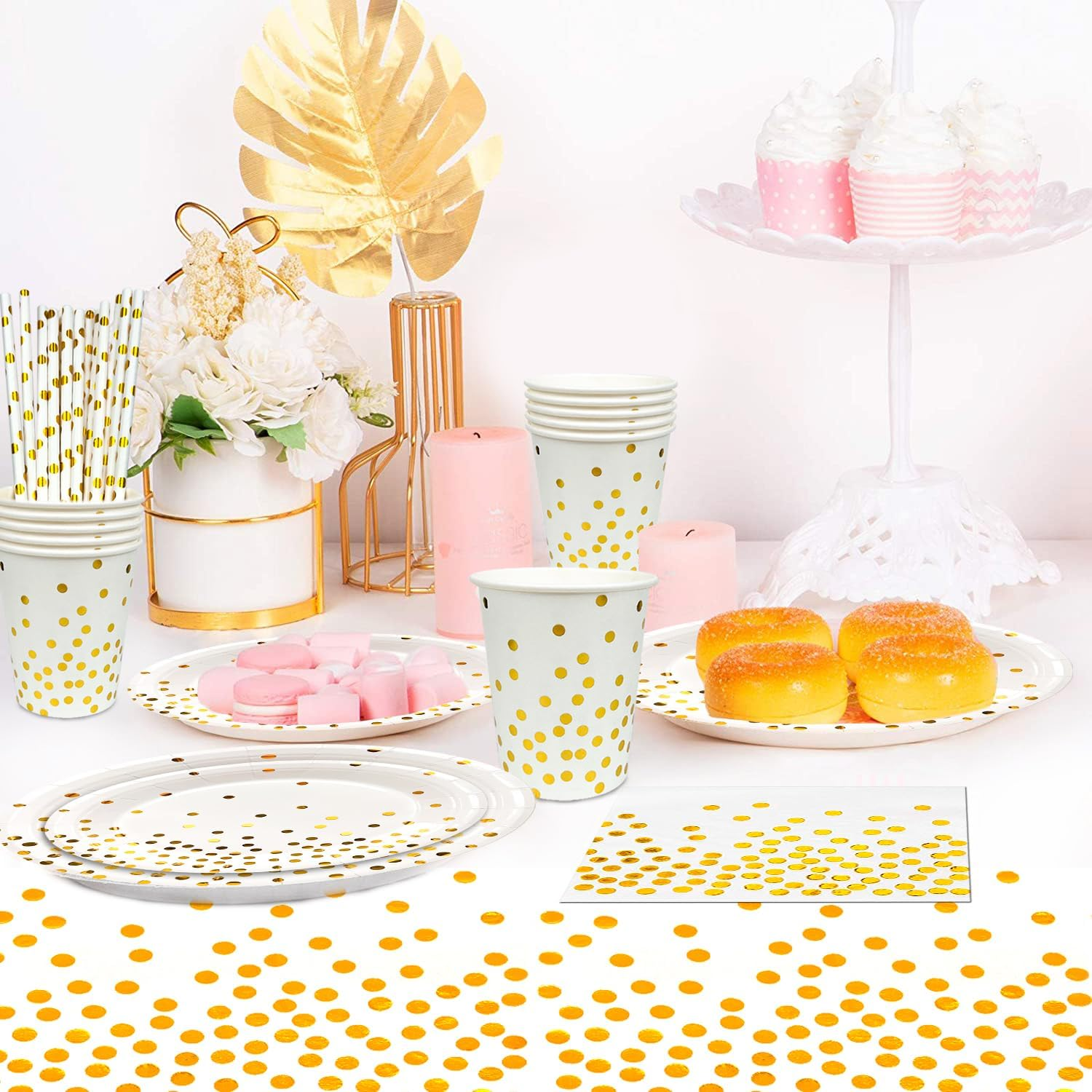 White and Gold Party Supplies, 24 Guests Gold Paper Plates and Napkins Party Supplies Set - White and Paper Plates Cups Tablecloth & Dot Napkins for Graduation, Holiday image number 3