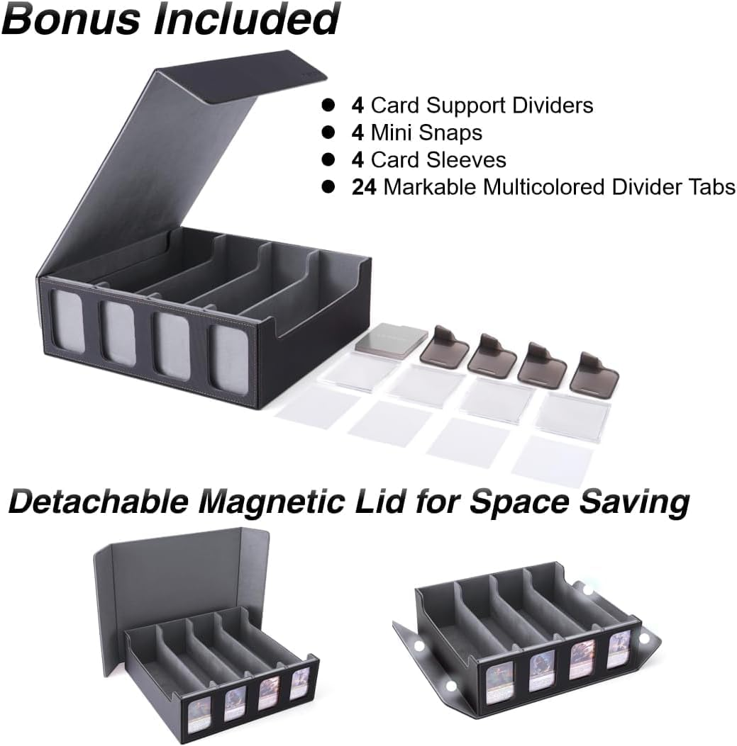 Cyperever Card Deck Box Trading Card Storage Box, Playing Card Case with 4 Display Windows, Magnetic Storage Boxes with 3000+ Trading Cards Storage, 48 Colorful Dividers, 4 Supporters & Strap Black