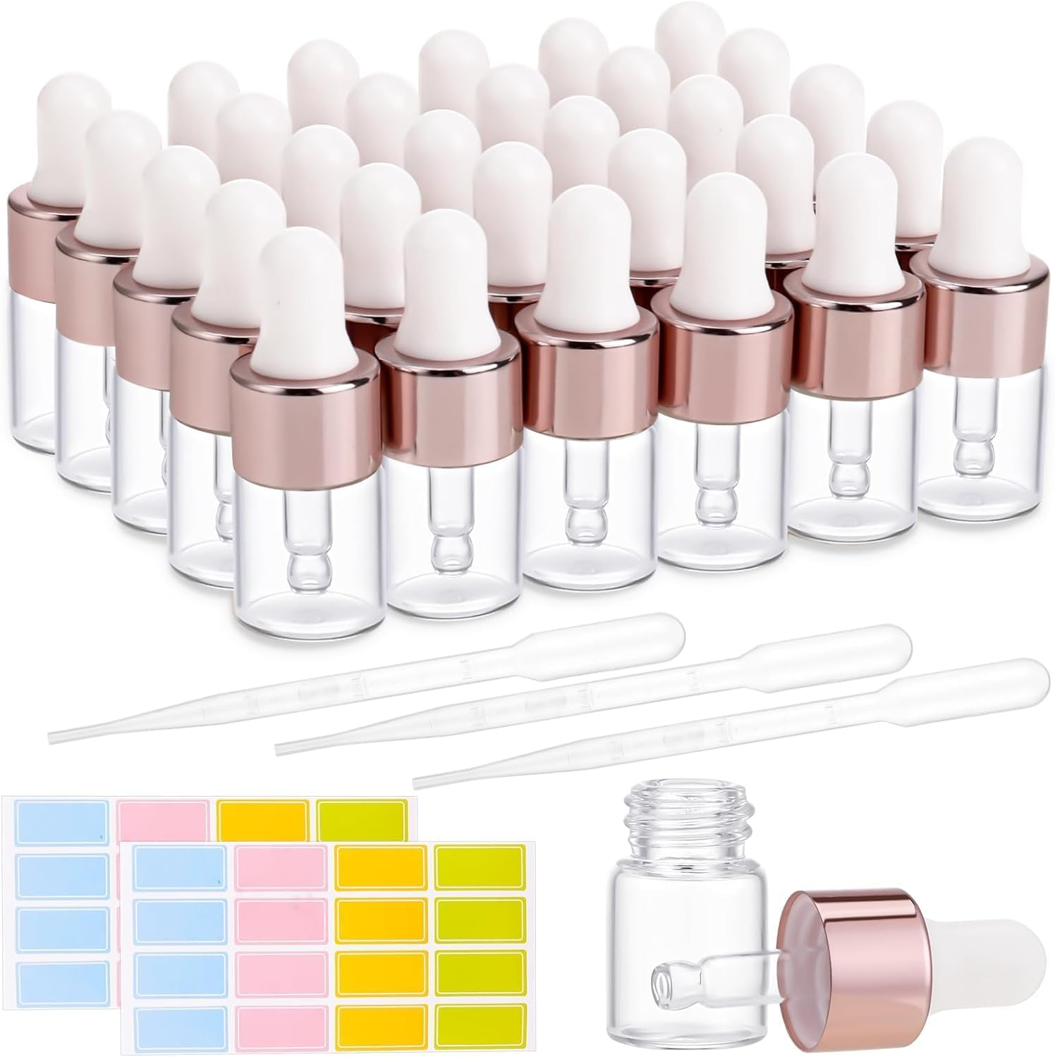 Dropper Bottle,30 Pack 2Ml Small Empty Dropper Bottles with 3 Pipettes, Mini Travel Droppers Bottles for Essential Oil, Cuticle Oil, Perfume & Cosmetics, Clear Glass Vials with Rose Gold Caps image number 6