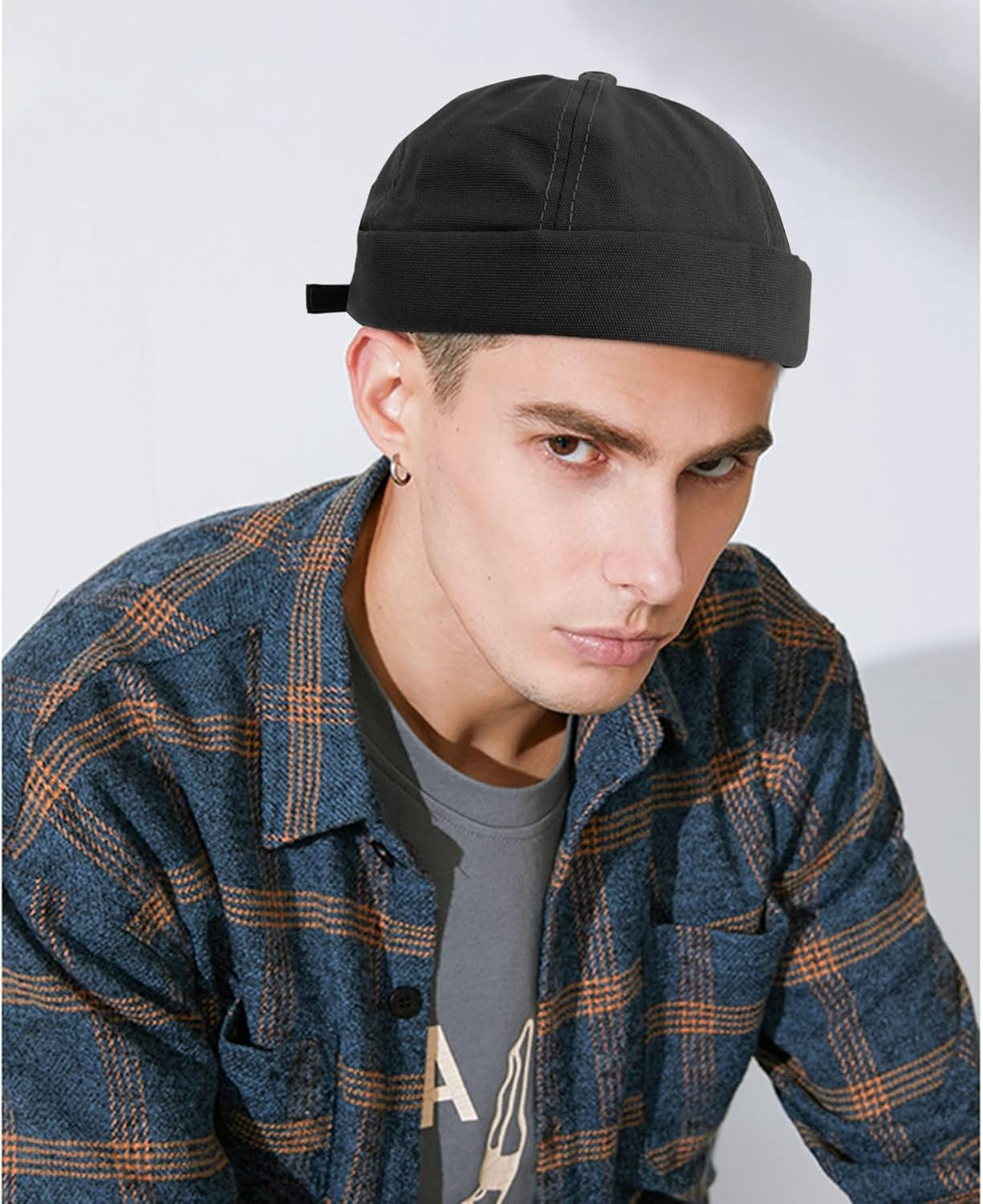 Hebenie Docker Hat Men Trawler Beanie Fisherman Beanie Brimless Cap Worker Sailor Hat Rolled Cuff Retro Fashion Adjustable Docker Cap for Men image number 2