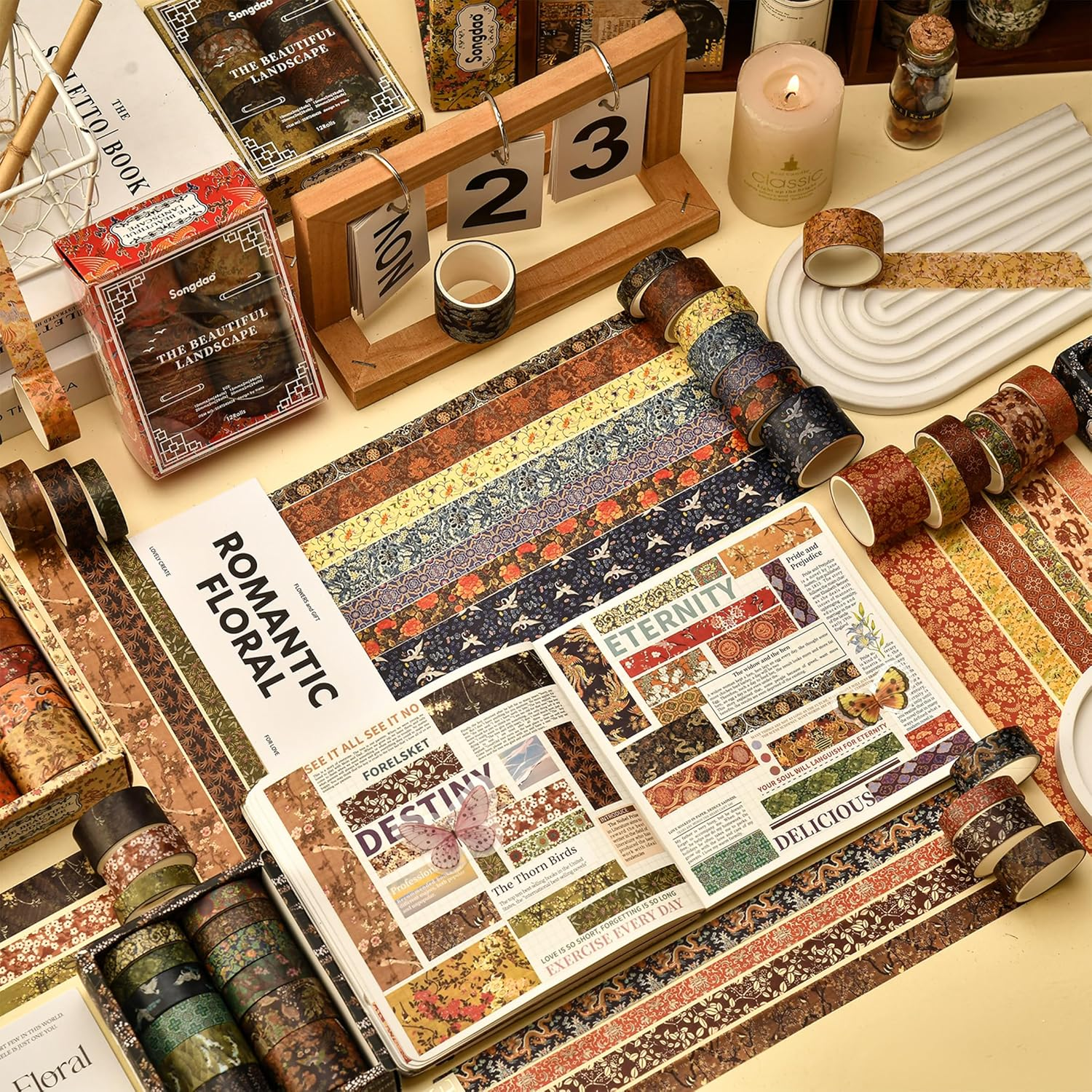 Songdao 12 Rolls Chinoiserie Washi Tape Set Chinese Arts Adhesive Tapes Geometric Garden Decorative Masking Tape Sets for Craft, Kids, Scrapbook, DIY, Gift Wrapping (Whispers of Dragon) - Drifting On Azure Waves image number 4