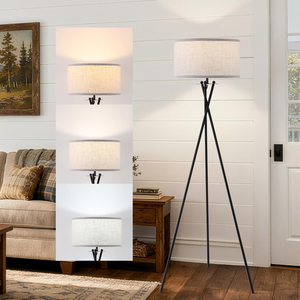 EOEYYOYB Tripod Floor Lamp with Linen Drum Shade, Modern Polished Brass Tall Floor Lamp, Reading Standing Light for Living Room Bedroom Office, Gold