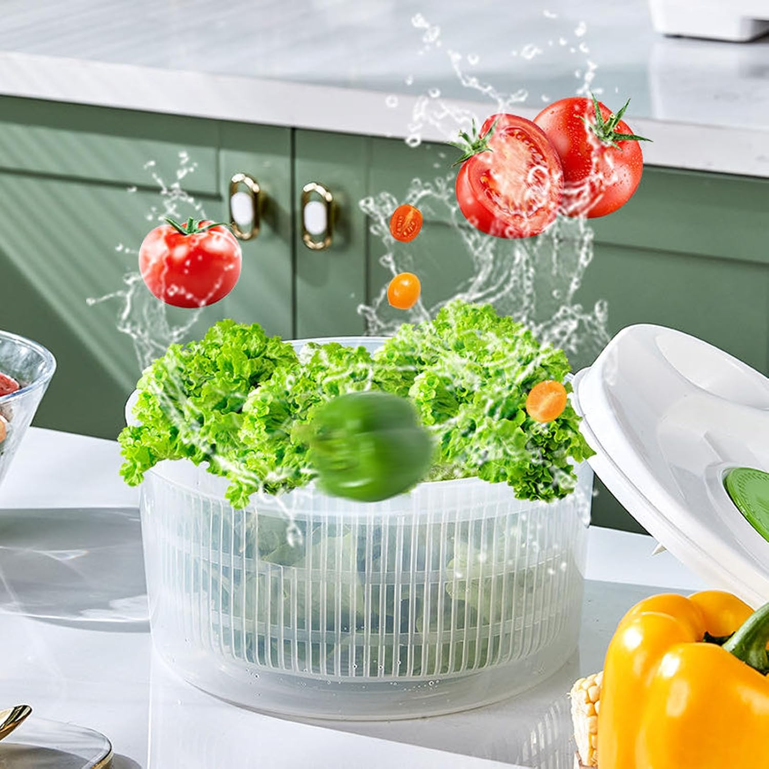 Salad Spinner Large, Vegetable Spinner Dryer Spinning Colander Vegetable Spinner Lettuce Dryer Spinner Easy to Clean Salad Spinners with Drain, Bowl, Colander, Salad Cutter Bowl, Grinder (Green) image number 3