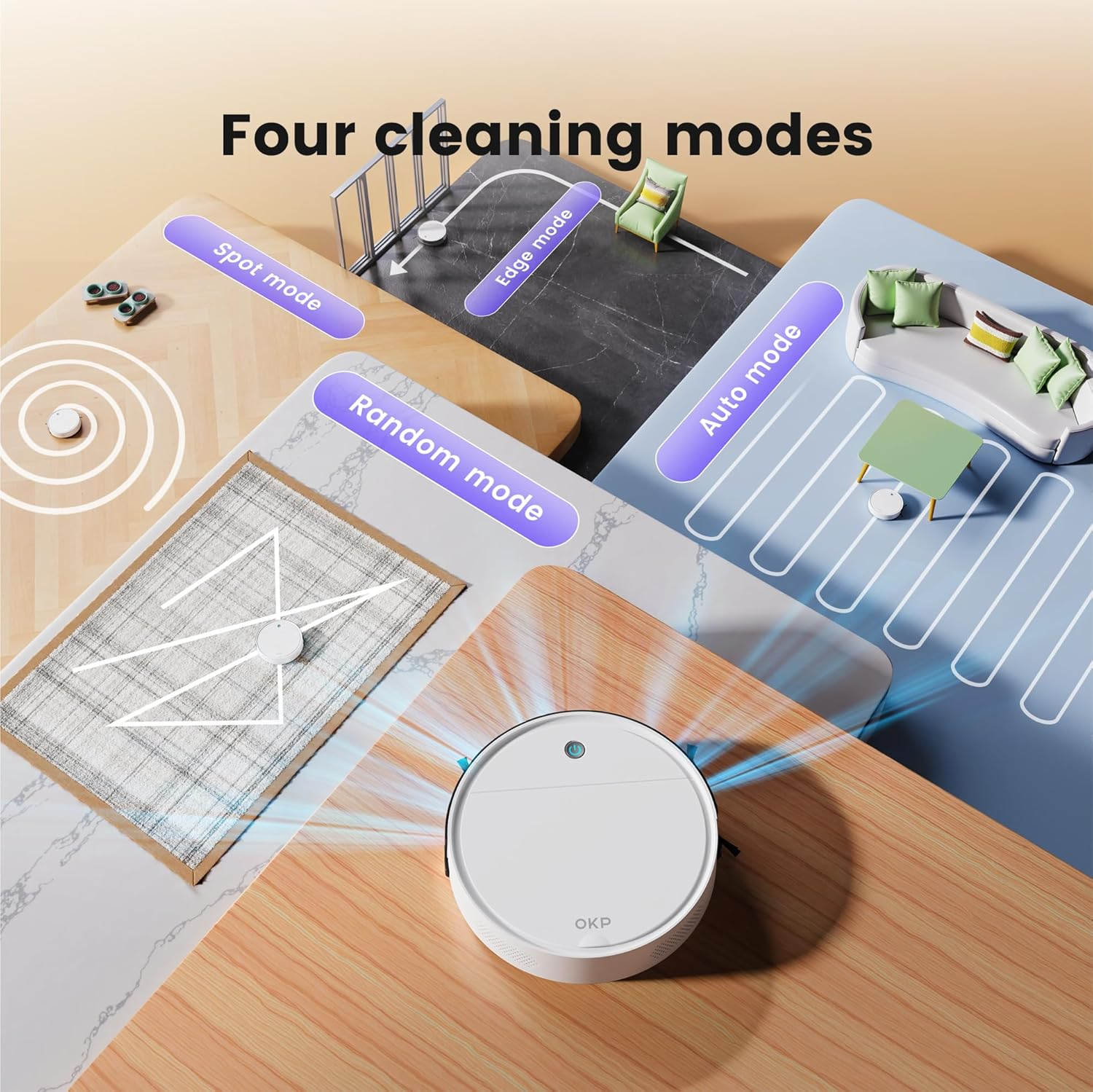OKP K5 Robot Vacuum Cleaner with Freemove 3.0 Navigation, 2500Pa Strong Suction, Wi-Fi/Alexa App Control, 120 Mins Runtime, Auto-Charging, Ultra-Thin & Quiet, for Hard Floors Carpets Pet Hair, White - Ivory image number 3