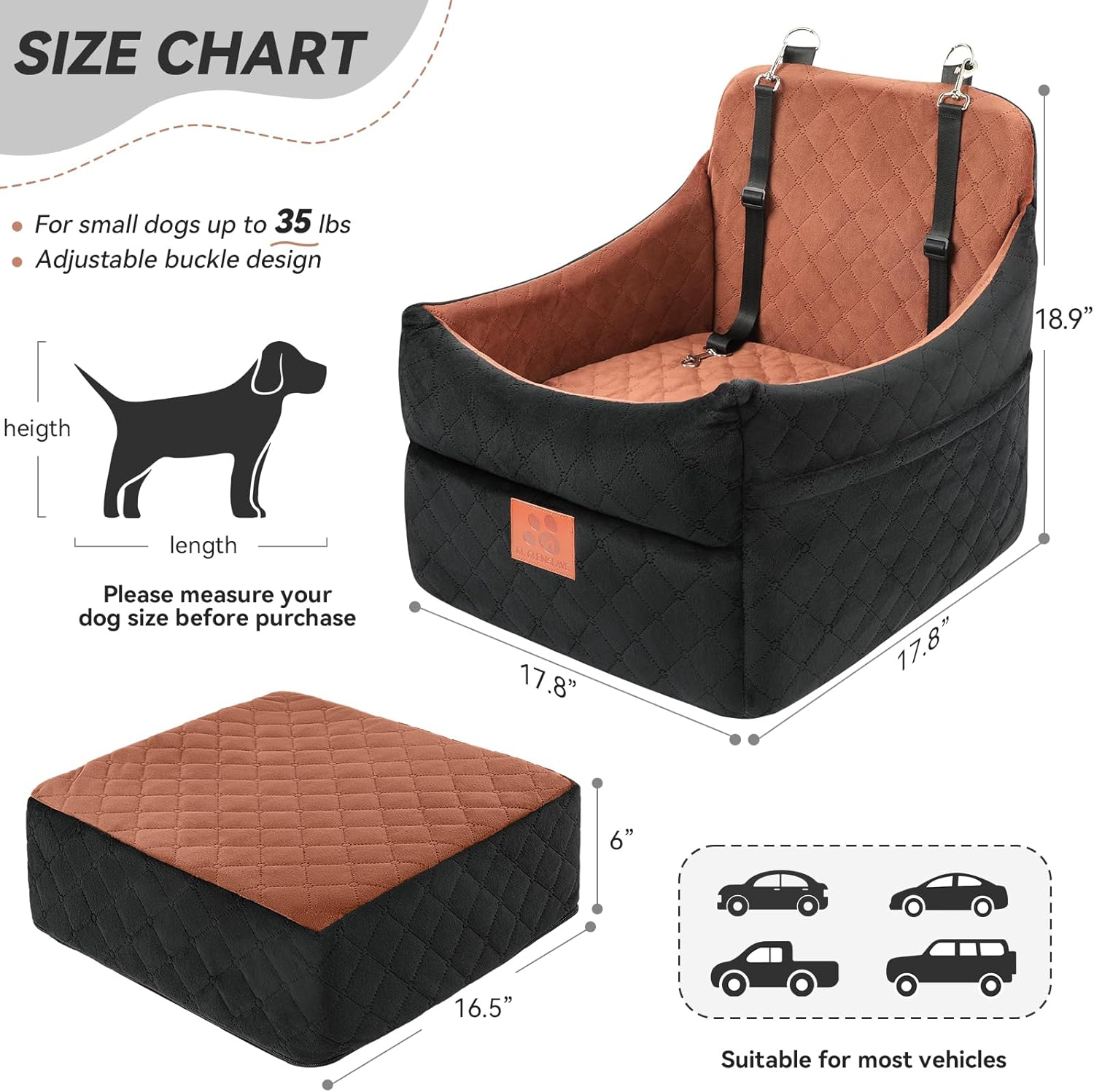 Dog Car Seat for Small/Medium Dogs, Dog Booster Car Seats with Thick Cushion for Dogs under 35Lbs, Detachable Washable Pet Car Seat with Storage Pockets, 2 Safety Belts (Black/Brown)