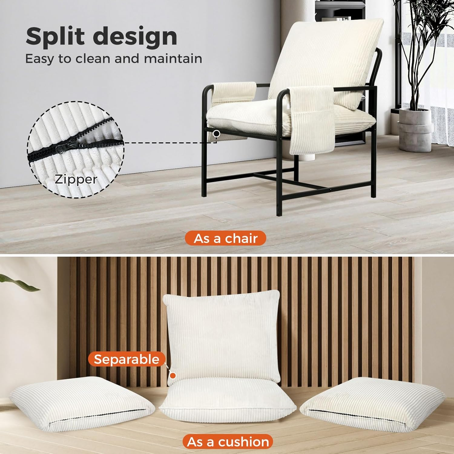 Levede Armchair Living Room Accent Chair with Sturdy Metal Frame, Bedroom Arm Chair-Lounge with Soft Corduroy Cushion,Zipper Split Design,Removable Storage Pockets,Comfy Sofa Seat for Office,Beige - Burnt Orange image number 2