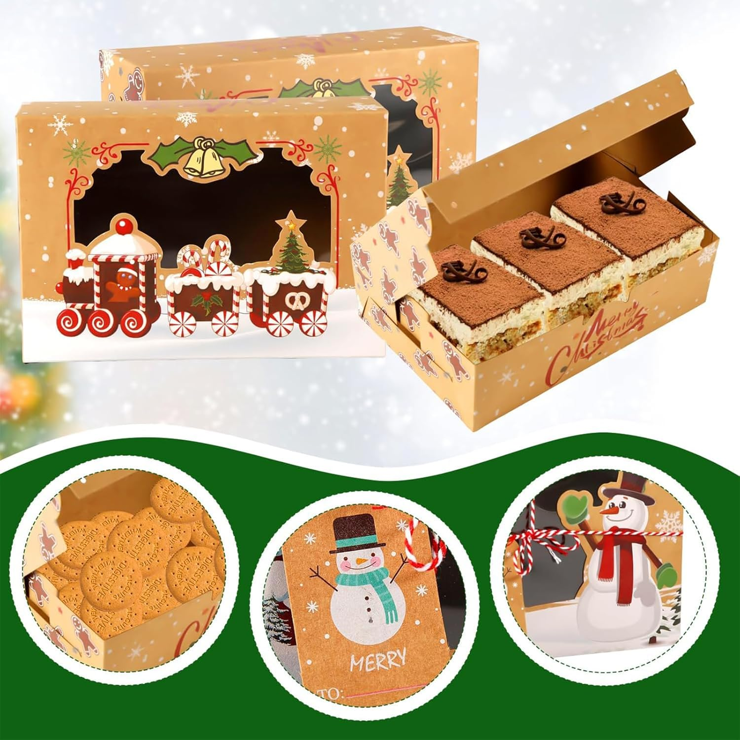 12 Pack Christmas Cookie Boxes with Window, Bakery Christmas Treat Boxes for Gift Giving, Pastry Candy Party Favors Christmas Kraft Gift Boxes with Ribbons and DIY Gift Tags image number 3