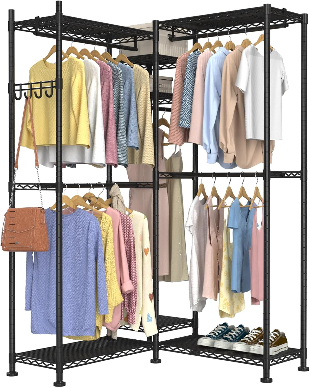 Heavy Duty Clothes Rack, L Shaped Garment Rack for Corner, Metal Freestanding Clothing Rack, Adjustable Wardrobe Closet with 5 Hang Rods & 7 Shelves, 69.7" L X 13.4" W X 76.8" H, Black image number 5
