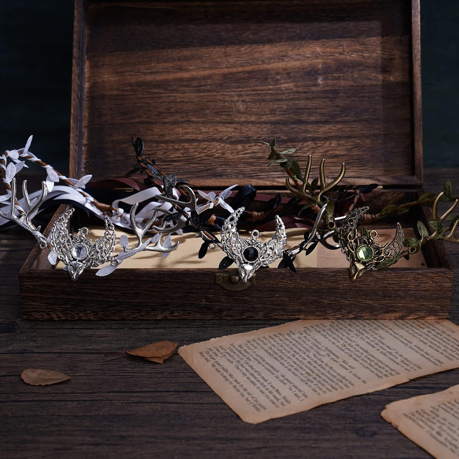 MOSTORY Handmade Deer Antler Crown Headband Forest Elf Headpiece Woodland Green Leaf Tiara Circlet for Wedding Bridal Themed Party Carnival Cosplay Festival Costume Accessory Green