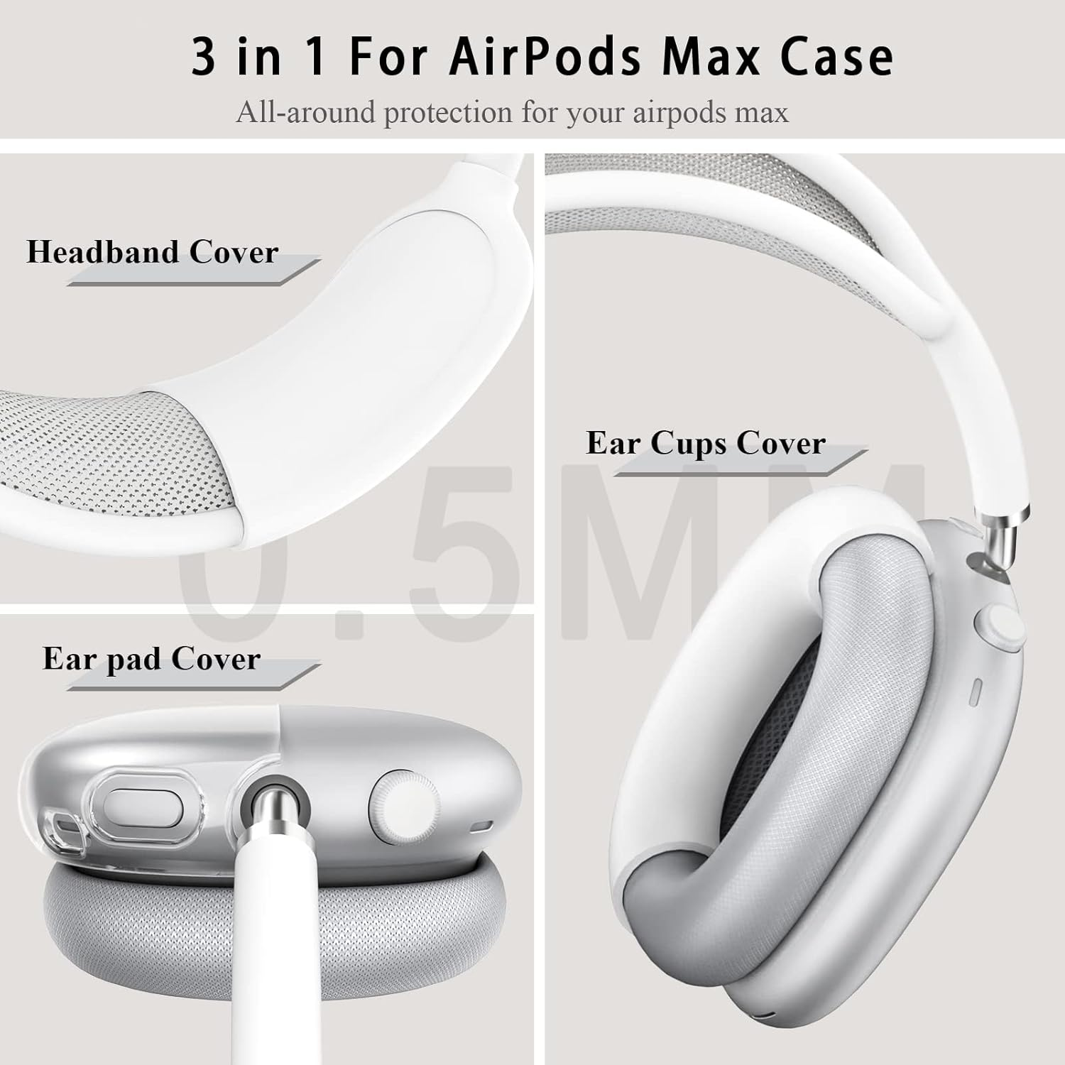 Silicone Case Cover for Airpods Max Headphones, 3In1 Clear Soft TPU Ear Cups Cover/Ear Pad Case Covers/Headband Covers for Airpods Max (Clear) image number 2