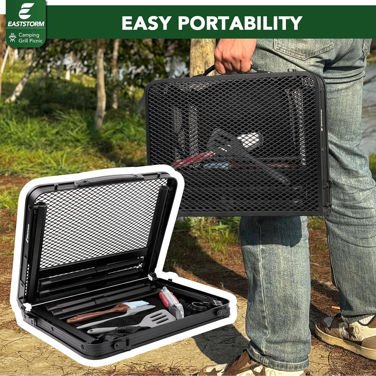 E EASTSTORM Grill Camping Table Outdoor Folding Picnic - Portable, Compact & Foldable for Easy Storage Great Picnic, Garden, Patio, Dining, BBQ, Party, Market Small Size, Black, (AM0915B1) image number 1