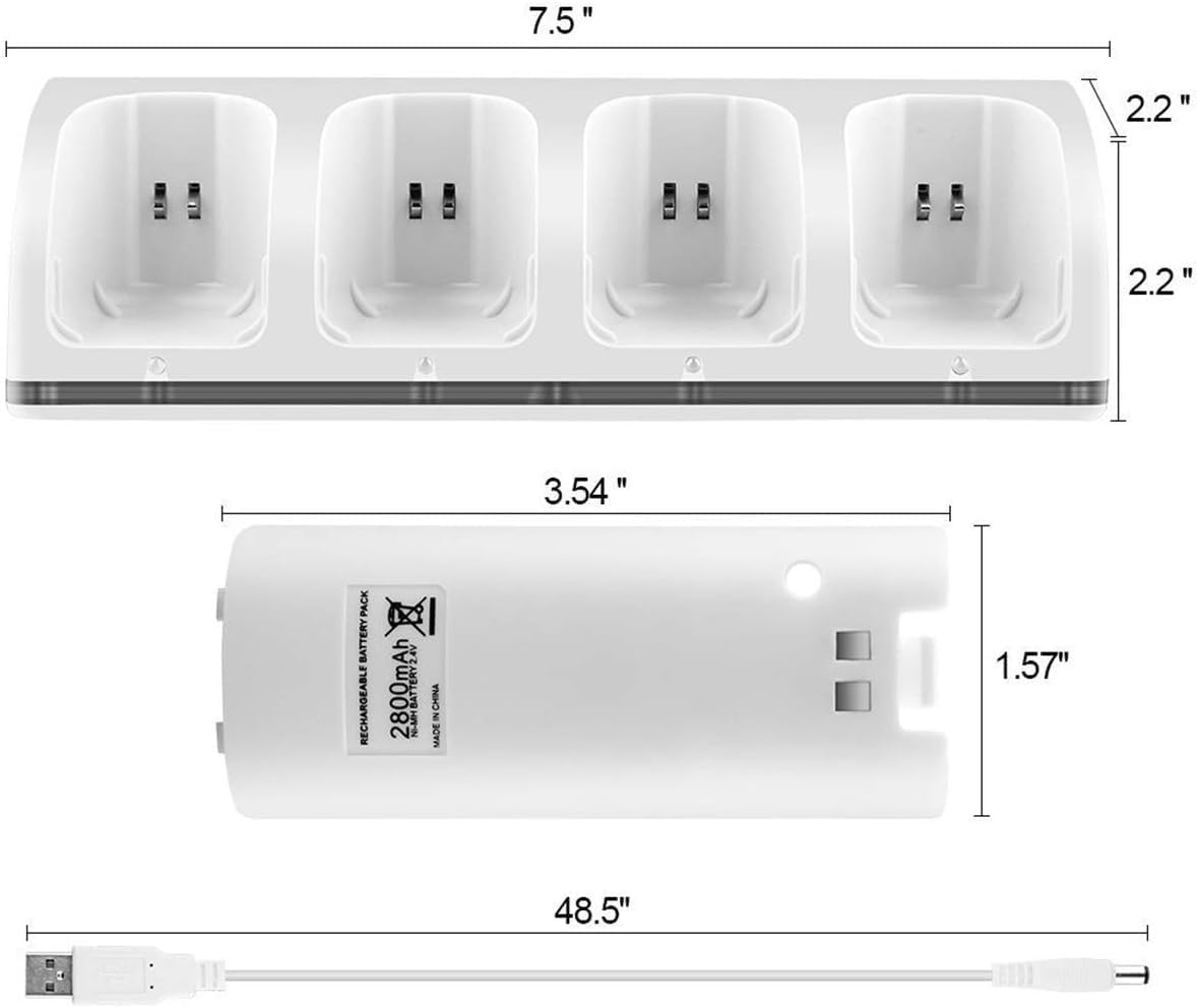4-In-1 Charging Station for Wii&Wiiu Remote Controller with 4 Rechargeable Battery Packs,4 Port Charging Station+4 Pcs 2800Mah Replacement Batteries+Usb (Cable Remote Not Included) (White) image number 1