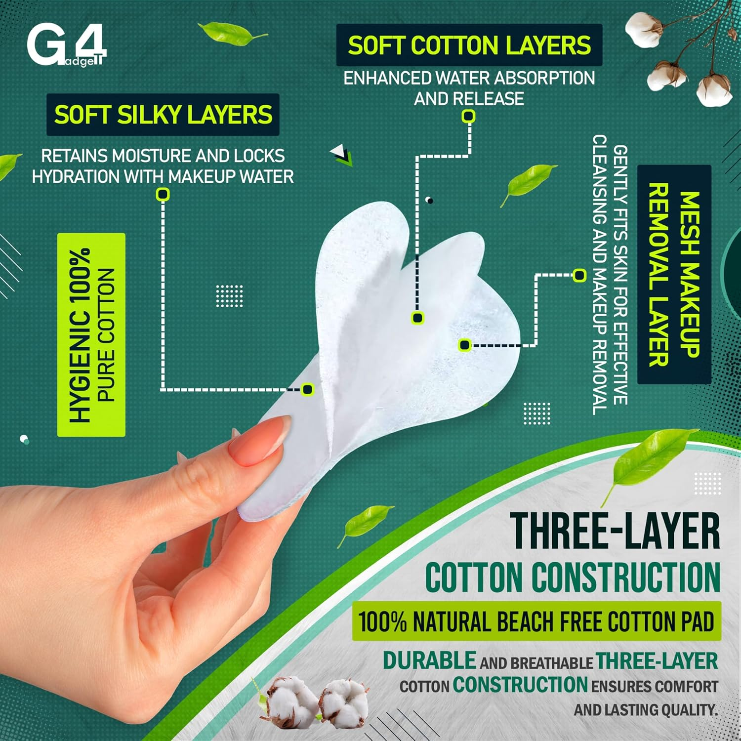 G4GADGET Cotton Pads for Face, 100% Pure Cotton Wool, Soft & Absorbent Makeup Remover Pads, Hypoallergenic, Gentle on Sensitive Skin, Ideal for Beauty & Baby Care, 100 Count image number 6