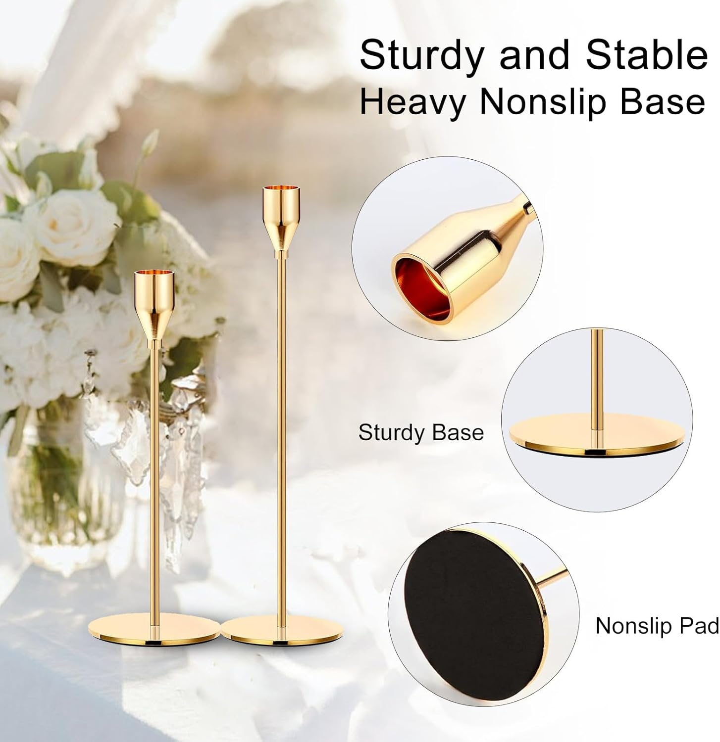 Gold Candle Holders for Pillar Candles - Taper Candlestick Holders Stand for Mantle, Dining Table Centerpiece, Tall Candle Sticks Holder Decor for Wedding, Christmas, Elegant and Sturdy (3 Pcs) image number 2