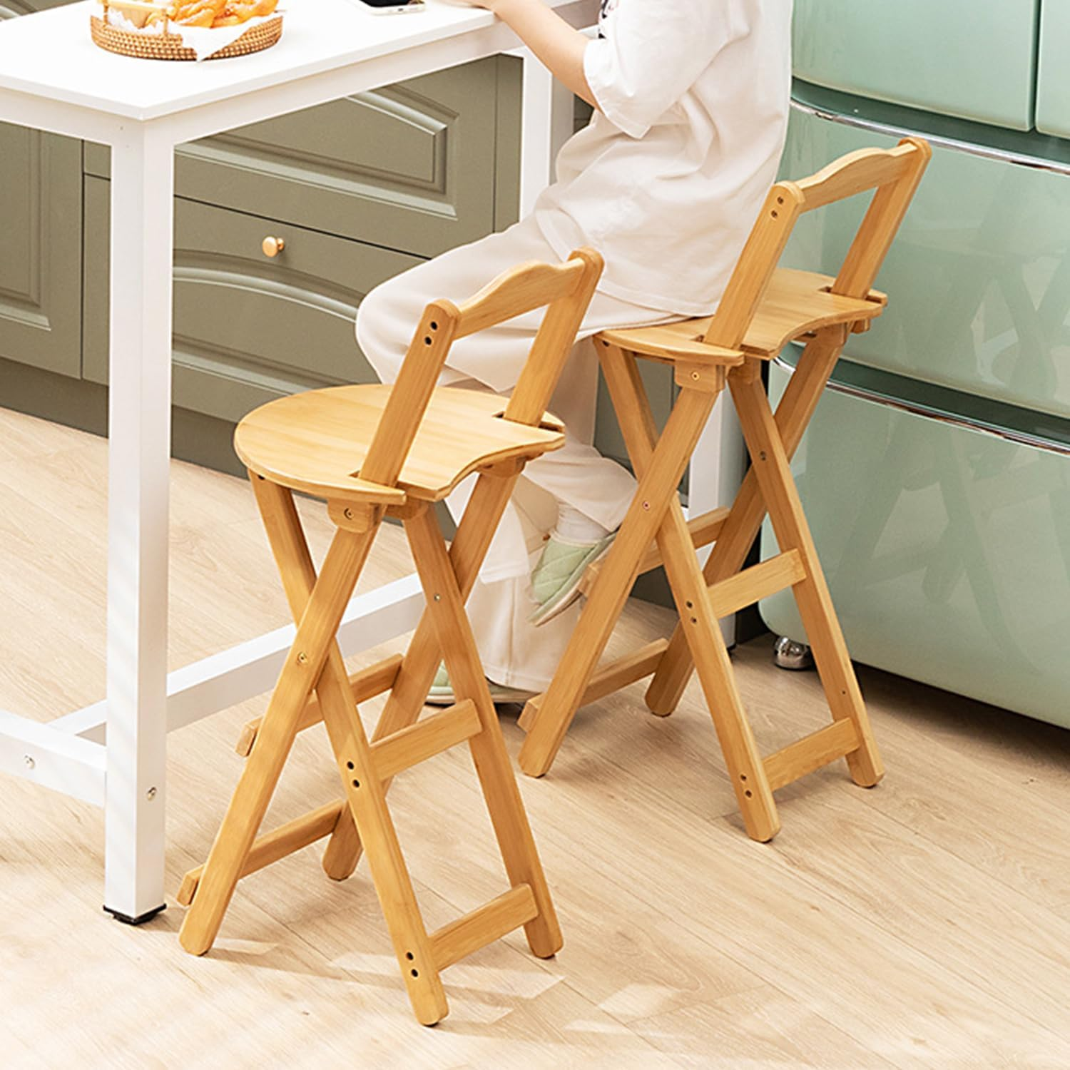 Uandhome Bamboo Folding Bar Stool,Kitchen Counter Stools with Backrest and Footrest,Portable Bar Chairs for Home Kitchen Island Breakfast,No Assembly (Wood)