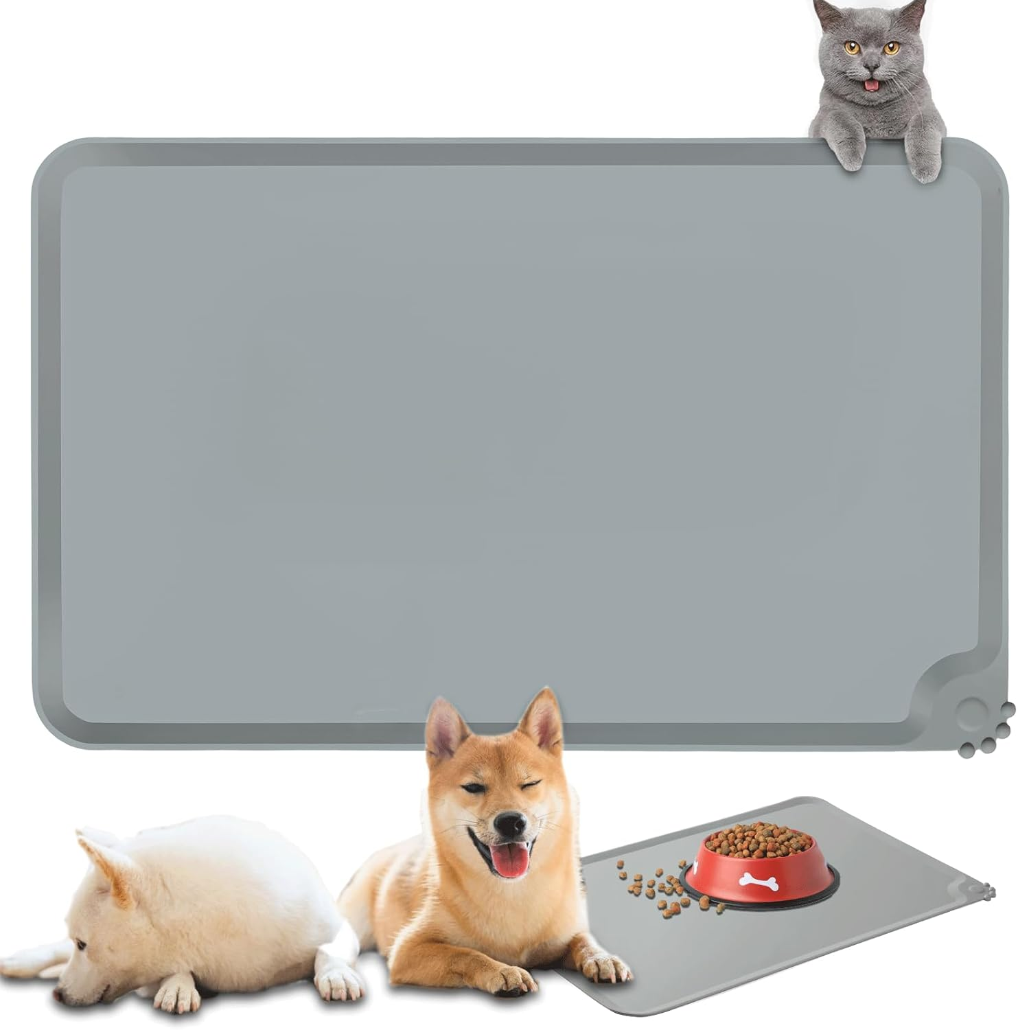 Silicone Food Mat for Dogs Cats，Thicker Waterproof Anti-Slip Pet Feeding Mats，Raised Edge, Spill-Proof Easy to Clean, Dishwasher Safe for Dog and Cat Bowls (Green, L)