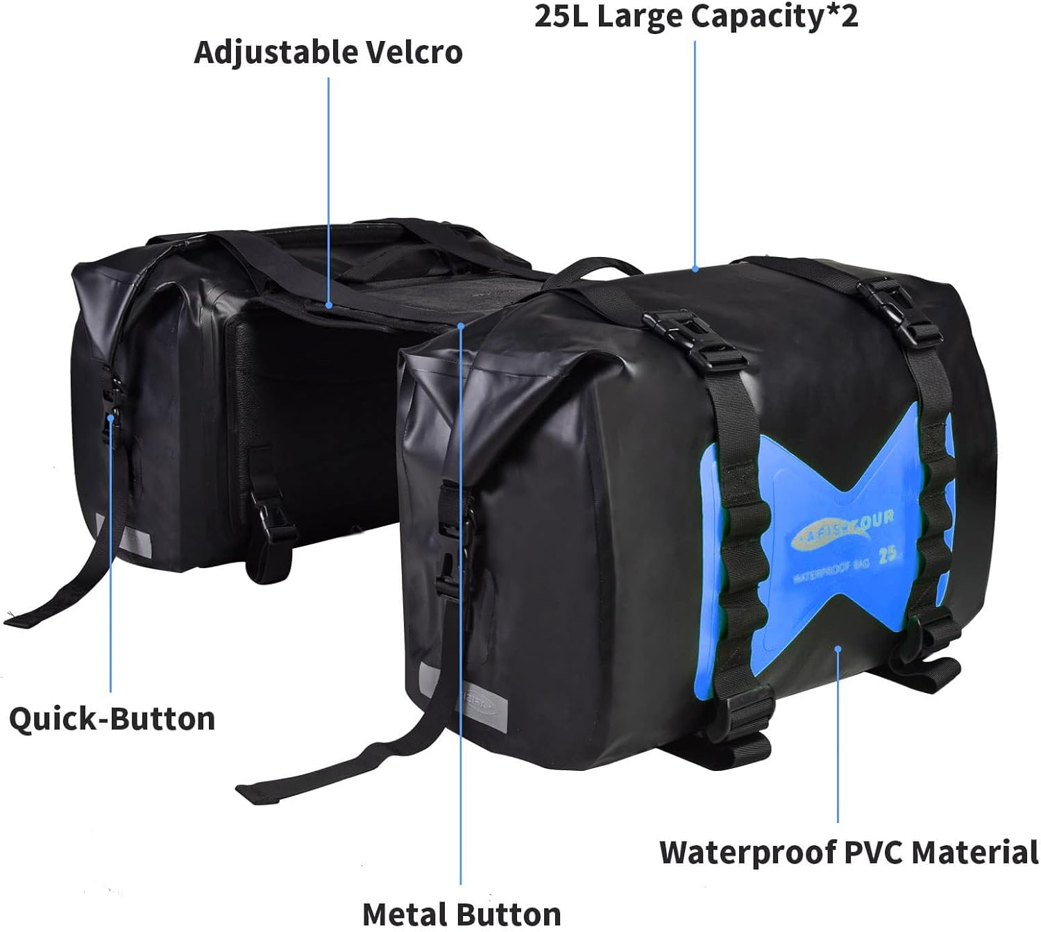 AFISHTOUR Waterproof Motorcycle Saddlebags - 50L Motorcycle Luggage Bags for Motorbike Travel - Motorcycle Panniers Bags - Detachable Bag for Scooter, Honda, Suzuki, Yamaha (Blue, 2 Pack) image number 4