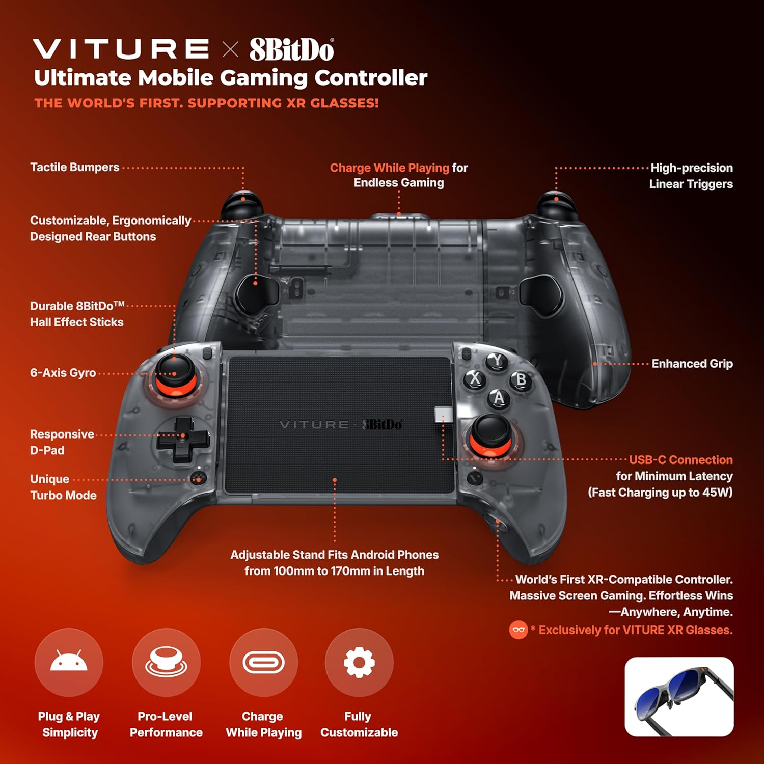 VITURE X 8Bitdo Ultimate Mobile Gaming Controller - Wireless Clip-On Play & Charge Controller for Android with USB-C,XR Glasses Compatible, Hall Effect Joysticks & Triggers, PD Charging & DP Casting