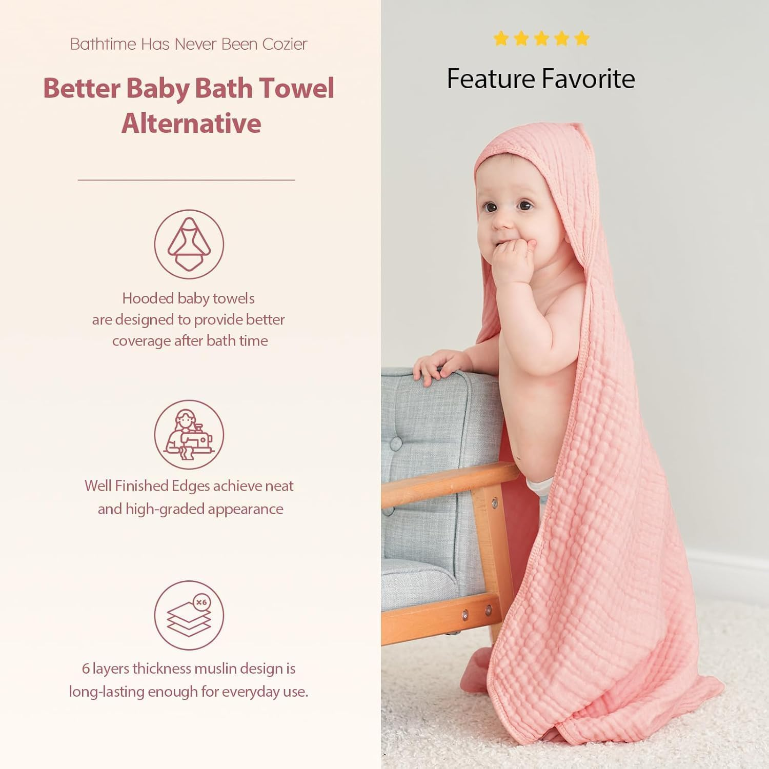 Hooded Baby Towels for Newborn - 2 Pack, 100% Muslin Cotton Baby Bath Towels with Hood, Soft and Absorbent for Girls Infant, Toddler and Kids, Large 35X35 Inches, Newborn Essential image number 6