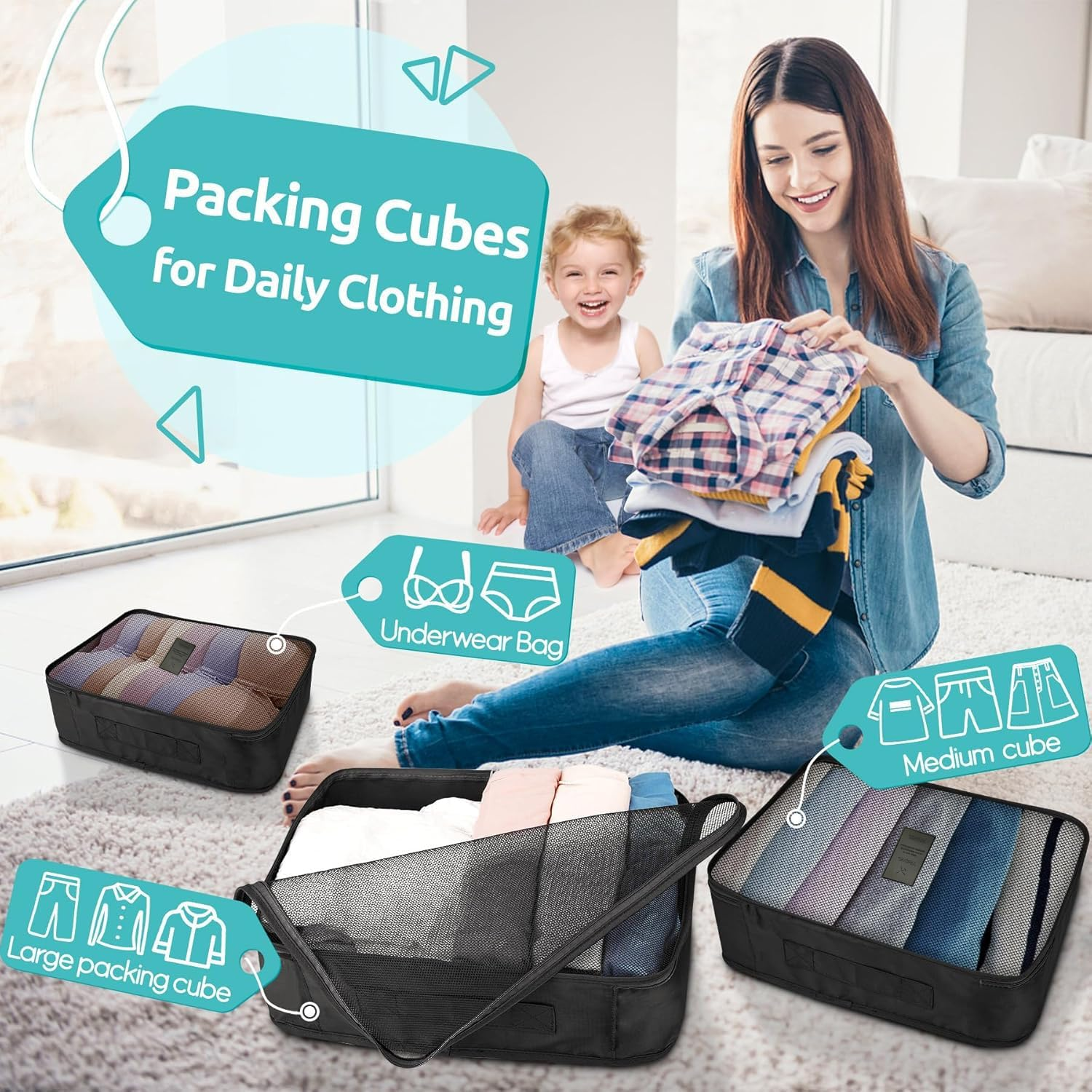 Packing Cubes, 6PCS Various Sizes Lightweight Travel Luggage Organizers, Large Medium Small Slim Packing Cube, Mesh Luggage Suitcase Organizer Bags, Travel Suitcase Accessories. (Black) image number 5