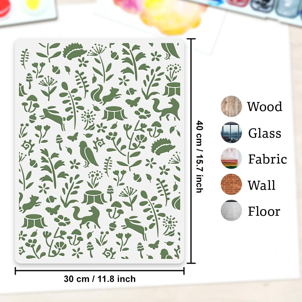 Doodlream Forest Plants and Animals Wall Stencil Template 11.8 X 15.7 Inch Reusable Plastic Woodland Nursery Stencil for Painting on Wood Wall Floor Fabric Glass Furniture DIY Home Decor Template image number 5
