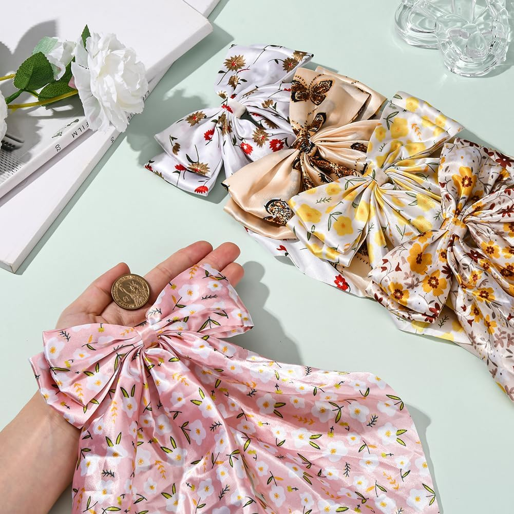 SOFPLATE 1 Box 5 Styles Women'S Hair Bow Coquette Bows Large Quantity Soft Ribbon Long Tail Floral Pattern Spring Butterfly Sun Flowers Bow Hair Clips for Women Everyday Wear