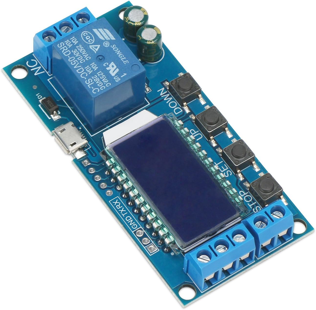 Timer Relay, DROK Time Delay Relay 5V 12V 24V Delay Controller Board Delay-Off Cycle Timer 0.01S-9999Mins Trigger Delay Switching Relay Module with LCD Display Support Micro USB 5V Power Supply - Blue image number 3