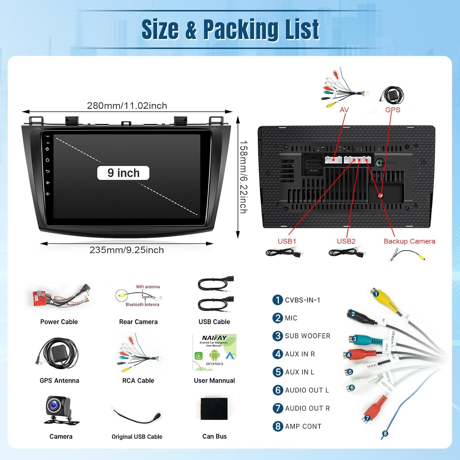 Naifay Android Car Radio for Mazda 3 2009 2010 2011 2012 2013 with Wireless Carplay Android Auto, 9Inch IPS Touch Screen for Mazda 3 Car Stereo with Bluetooth/Gps/Wifi/Swc/Split Screen/Backup Camera image number 4