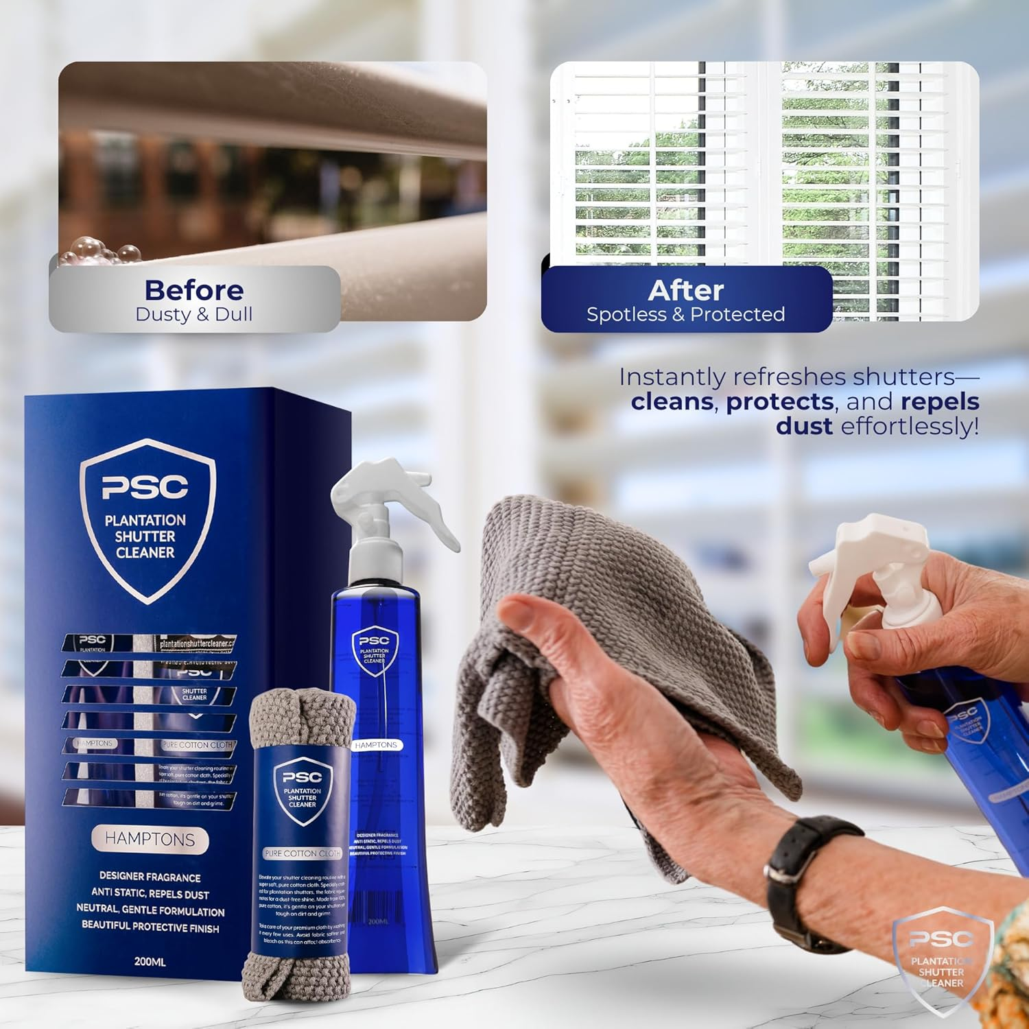 Plantation Shutter Cleaner Kit &ndash; Window Shutters Cleaning Kit with Cleaner Spray and Pure Cotton Cloth &ndash; Anti-Static Dust Cleaner Solution &ndash; Fresh and Clean Fragrance &ndash; Gentle Protective Finish
