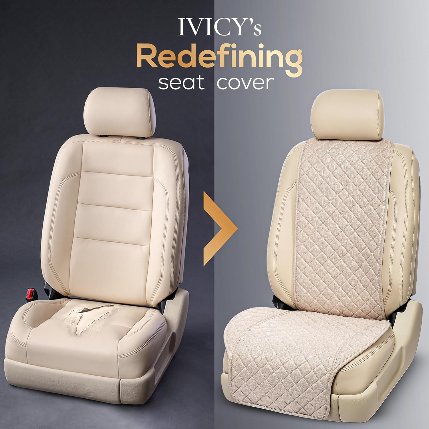 IVICY Linen Car Seat Cover for Cars - Non-Slip Soft & Breathable - Front Car Seat Protector Covers Universal Fits Most Automotive, Vans, Suvs, Trucks - 1 Unit - Beige