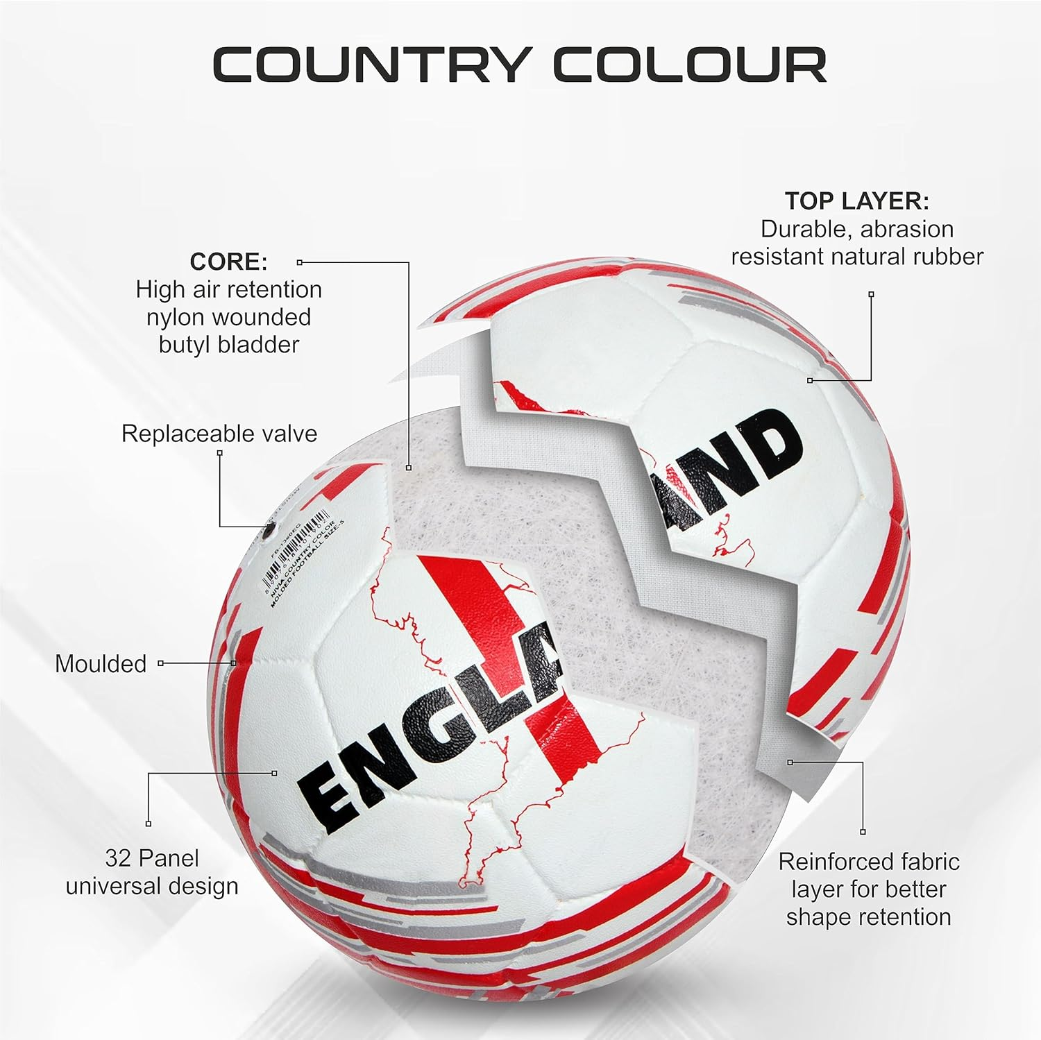 Nivia Country Colour England Football (White/Red, Size 5) | Machine Stitched | Rubberized Moulded | 12 Panel | Waterproof | Soccer Ball image number 2