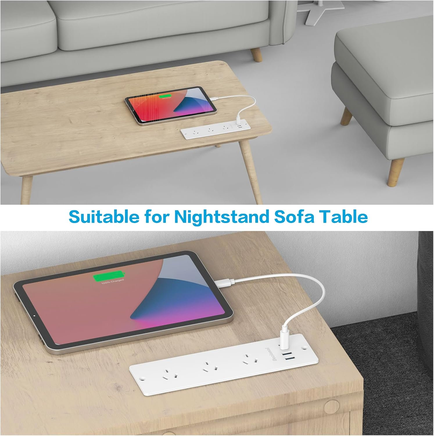 Recessed Power Board with 3 Outlets 4 USB Ports (2&times;USB-C, 2&times;USB-A), 10A/2400W, 2M Extension Cord, Space-Saving Drawer Outlet Flush Mount Power Strip for Desk, Home Office (White) image number 3