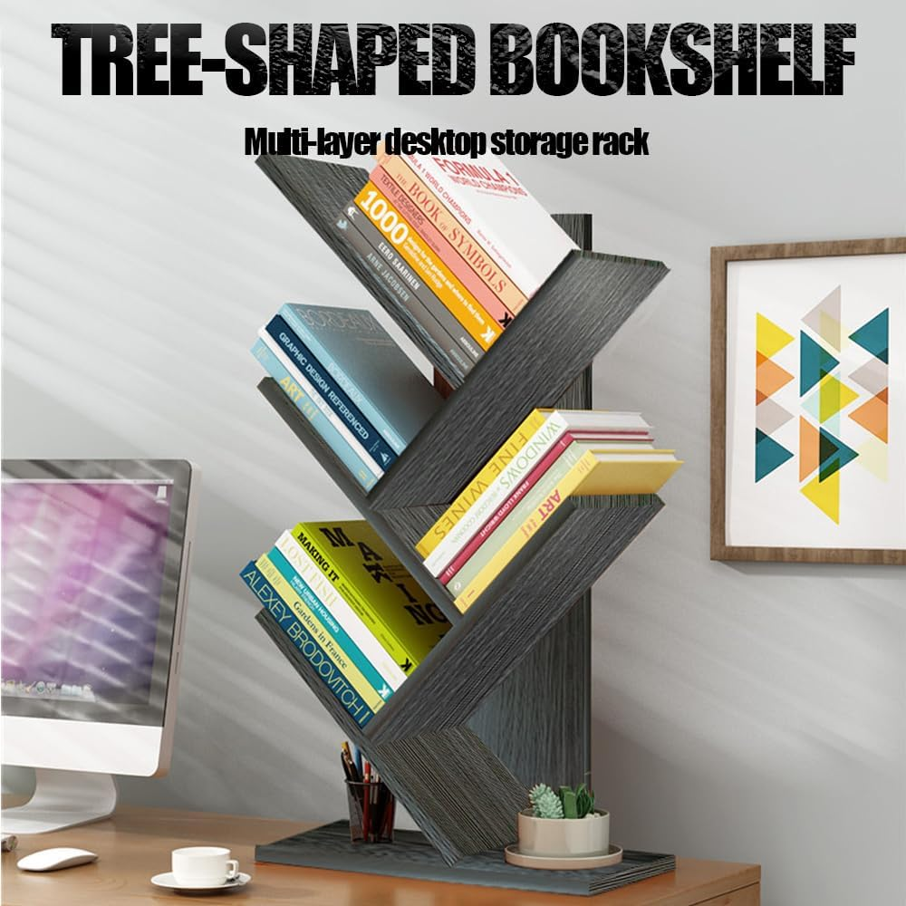 SHENMAIDAY 5 Layer Small Tree Shape Bookshelf, Book Storage Organizer, Desktop Book Display Rack for Books Magazines CD Freestanding Vintage Wooden Storage Rack for Home Office Bedroom (Black)